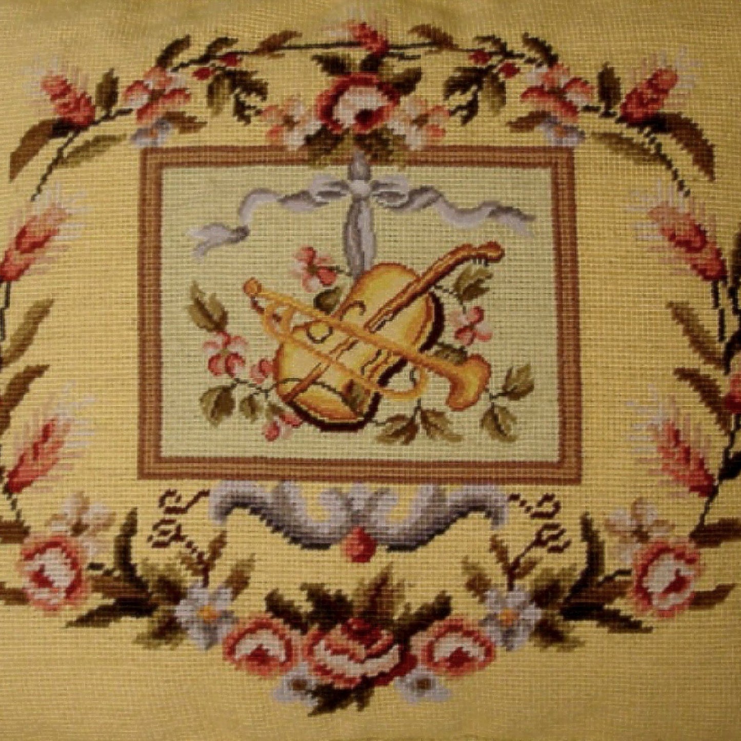 Handmade Wool Needlepoint Pillow Cover - Decorative Throw Cushion Cover - Vintage Floral Embroidery Design  big Viola and Trumpet background