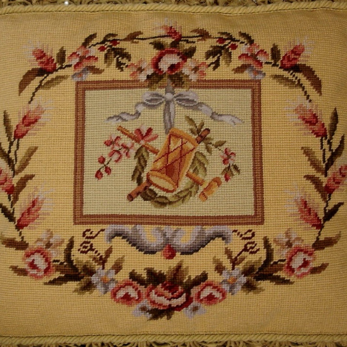 Handmade Wool Needlepoint Pillow Cover - Decorative Throw Cushion Cover - Vintage Floral Embroidery Design Pettipoing Drum background