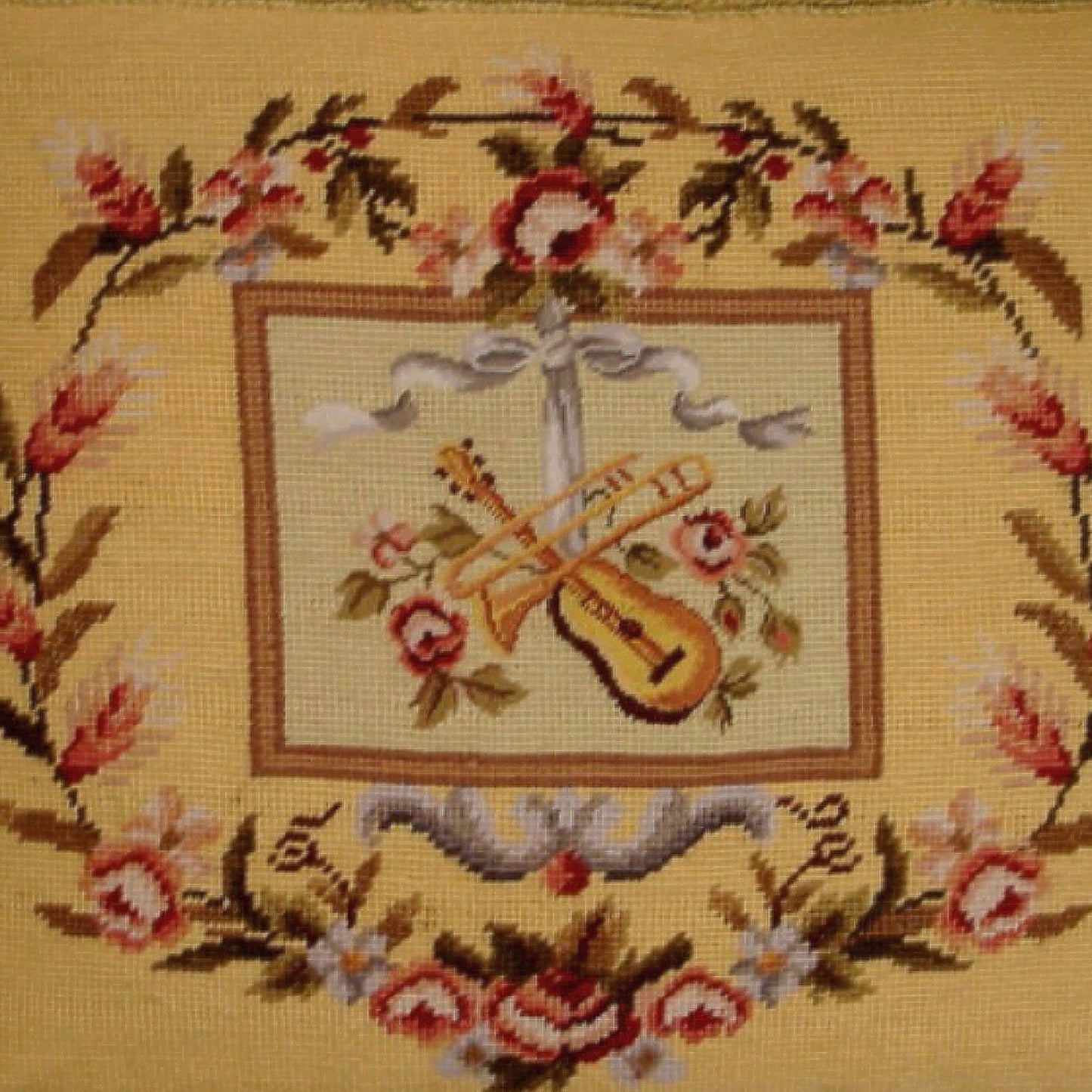 Handmade Wool Needlepoint Pillow Cover - Decorative Throw Cushion Cover - Vintage Floral Embroidery Design  Violin background