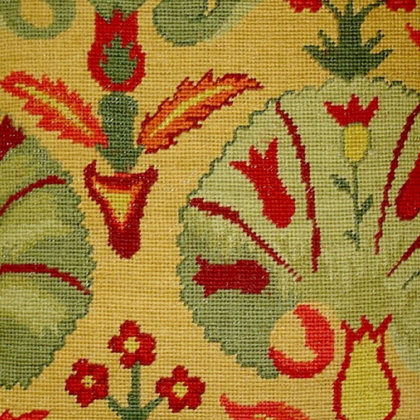 Handmade Wool Needlepoint Pillow Cover - Decorative Throw Cushion Cover - Vintage Floral Embroidery Design leaves in shade of rich gold, red, green