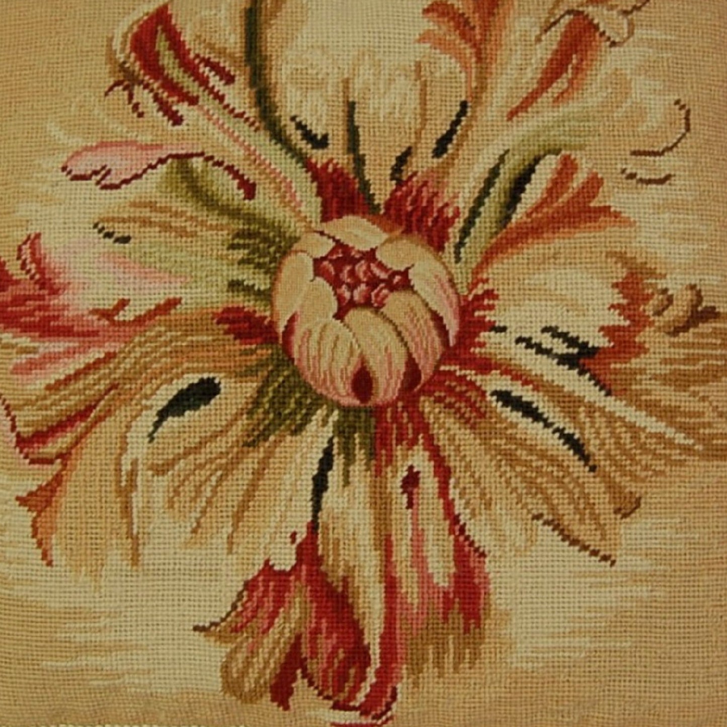 Handmade Wool Needlepoint Pillow Cover - Decorative Throw Cushion Cover - Vintage Floral Embroidery Design  Corn Flower center with tassel