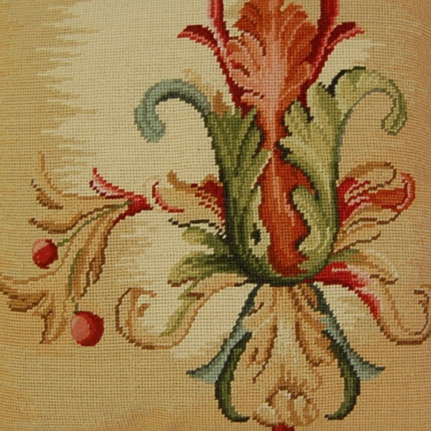 Handmade Wool Needlepoint Pillow Cover - Decorative Throw Cushion Cover - Vintage Floral Embroidery Design  Wheat blooming single with tassels