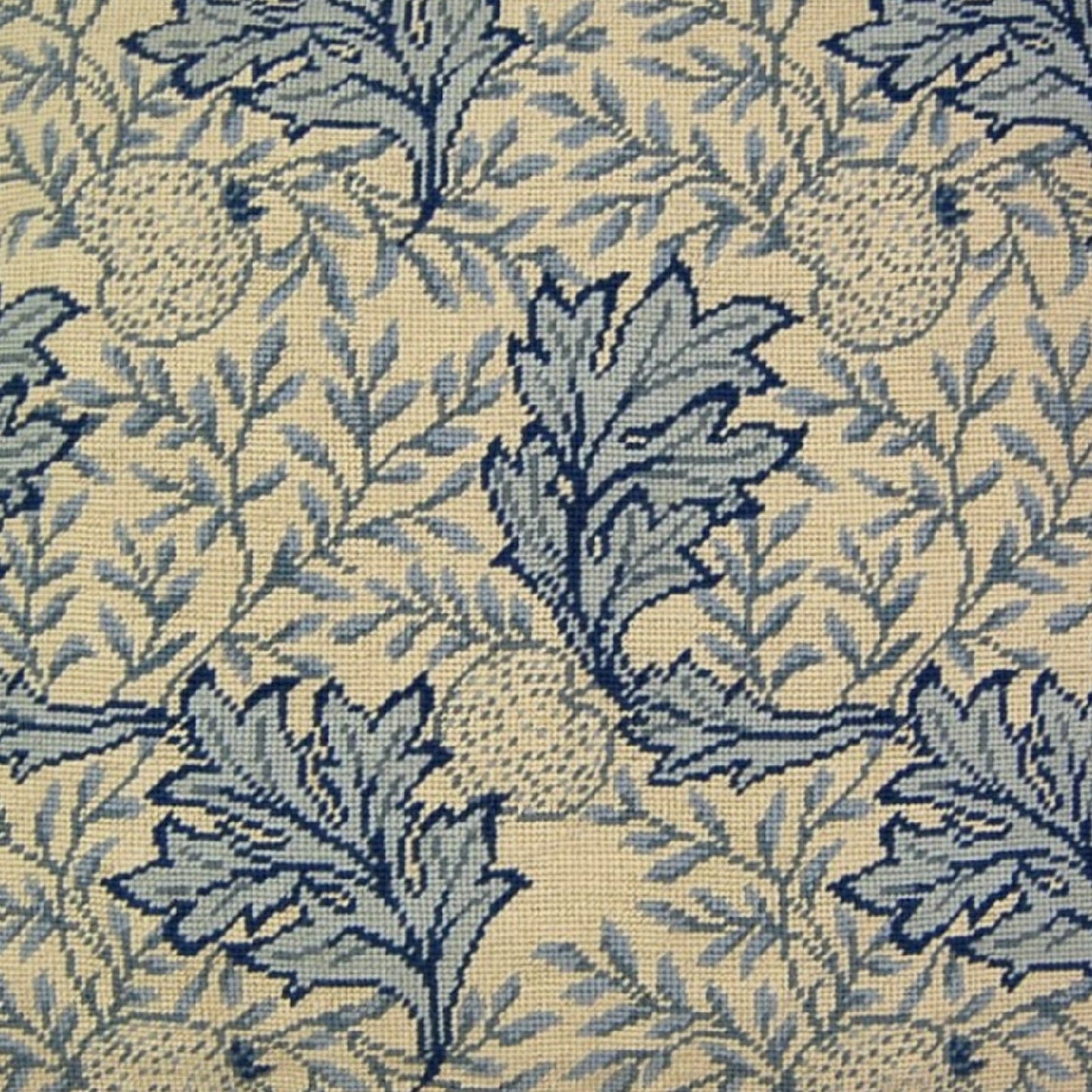 Handmade Wool Needlepoint Pillow Cover - Decorative Throw Cushion Cover - Vintage Floral Embroidery Design blue/white William Morris grapes leaves with 2 color tassels