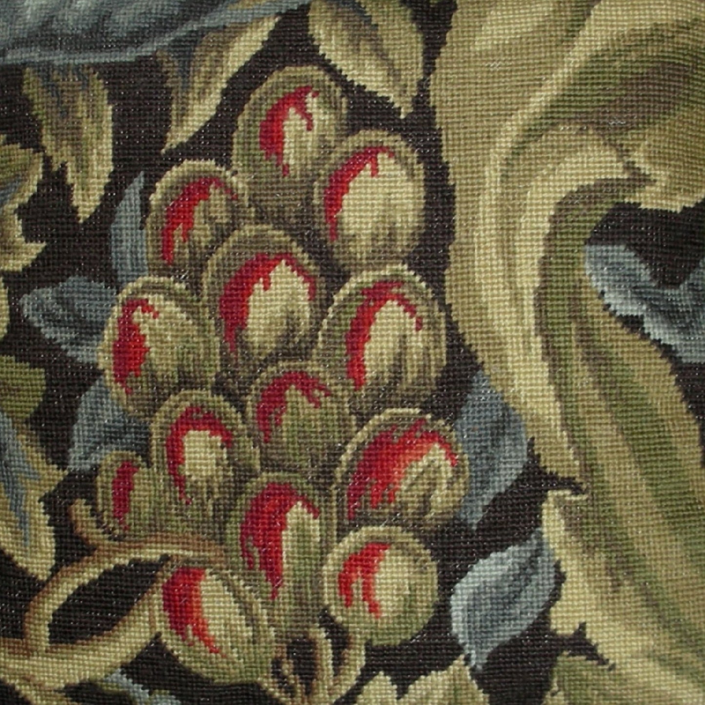 Handmade Wool Needlepoint Pillow Cover - Decorative Throw Cushion Cover - Vintage Floral Embroidery Design William Morris red fruit with tassels