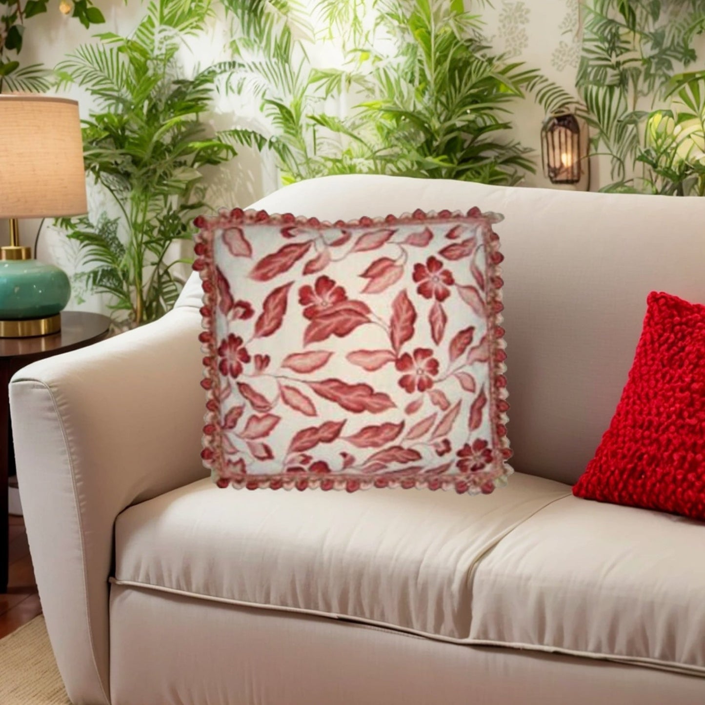 Handmade Wool Needlepoint Pillow Cover - Decorative Throw Cushion Cover - Vintage Floral Embroidery Design  red leaves with tassel