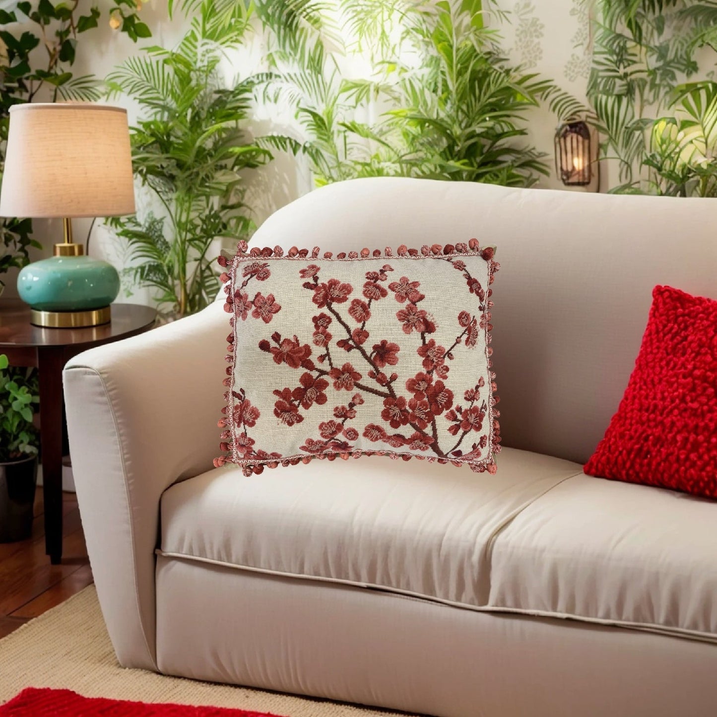 Handmade Wool Needlepoint Pillow Cover - Decorative Throw Cushion Cover - Vintage Floral Embroidery Design  red blooming plums with tassels