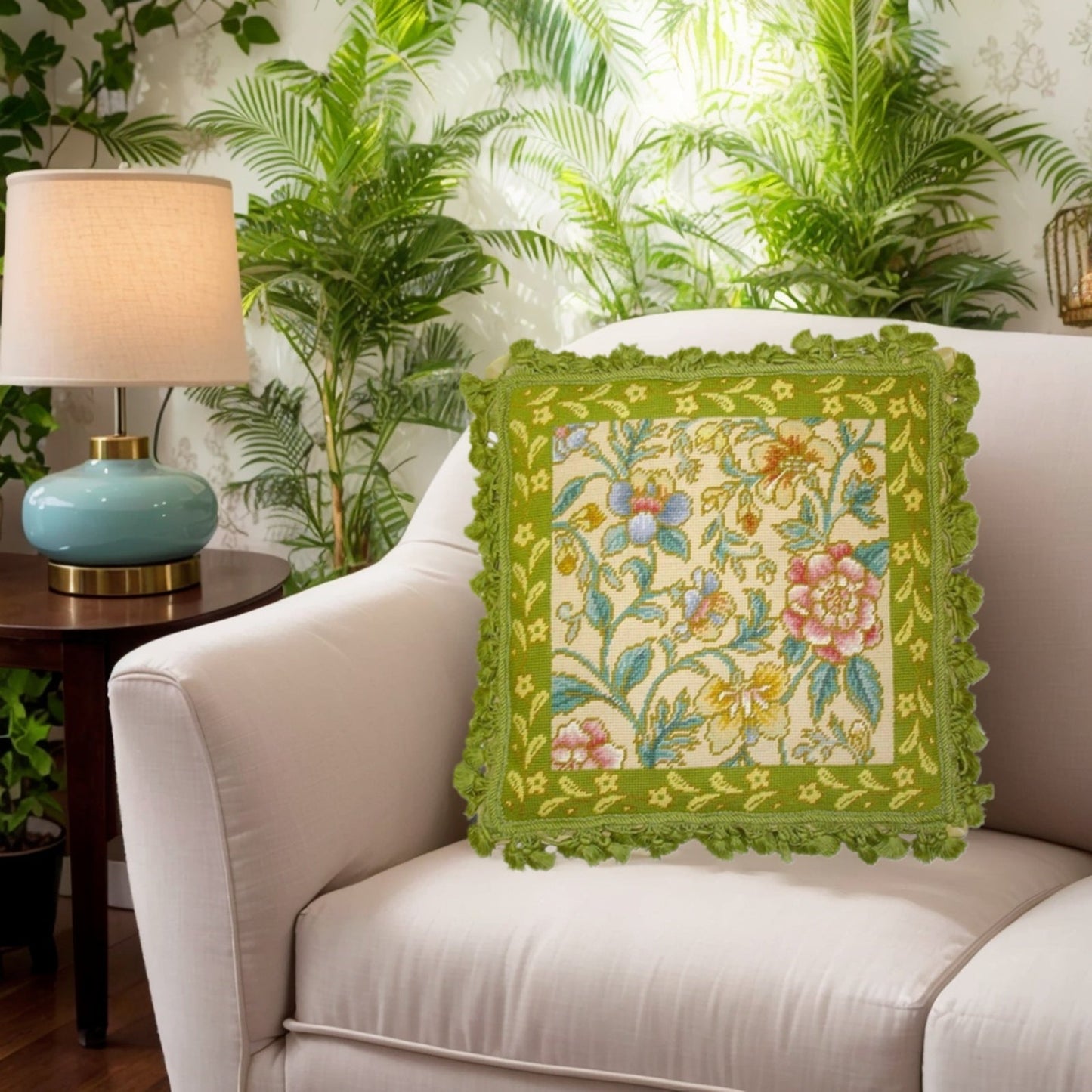 Handmade Wool Needlepoint Pillow Cover - Decorative Throw Cushion Cover - Vintage Floral Embroidery Design pink,yellow,blue plum floral center lime green frame & tassels