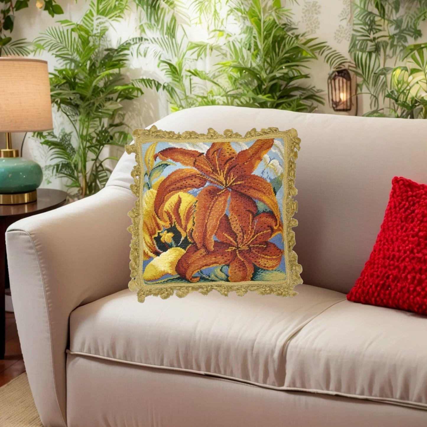 Handmade Wool Needlepoint Pillow Cover - Decorative Throw Cushion Cover - Vintage Floral Embroidery Design All tiger lilly with gold tassels