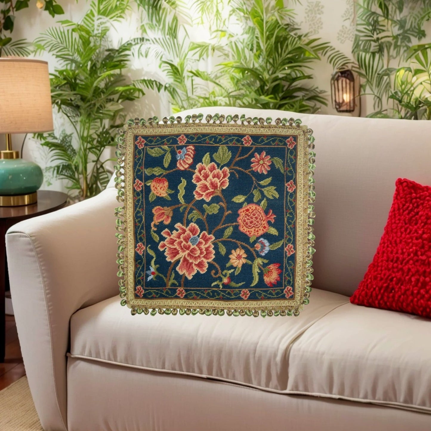 Handmade Wool Needlepoint Pillow Cover - Decorative Throw Cushion Cover - Vintage Floral Embroidery Design navy blue back blooming peonies with tassels