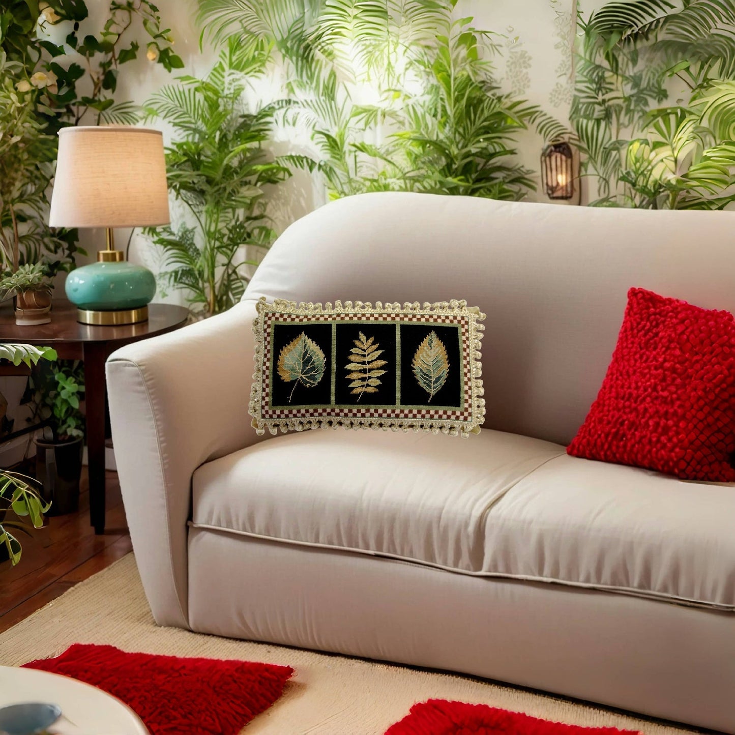 Handmade Wool Needlepoint Pillow Cover - Decorative Throw Cushion Cover - Vintage Floral Embroidery Design 3 leaves, L-L, black background with tassels