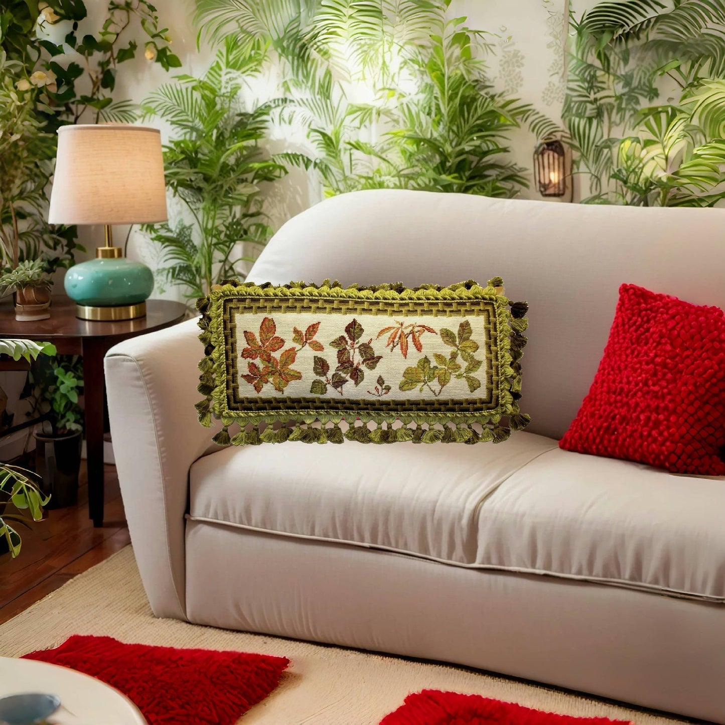 Handmade Wool Needlepoint Pillow Cover - Decorative Throw Cushion Cover - Vintage Floral Embroidery Design  leaves with brown bamboo frame 3 color tassels 1