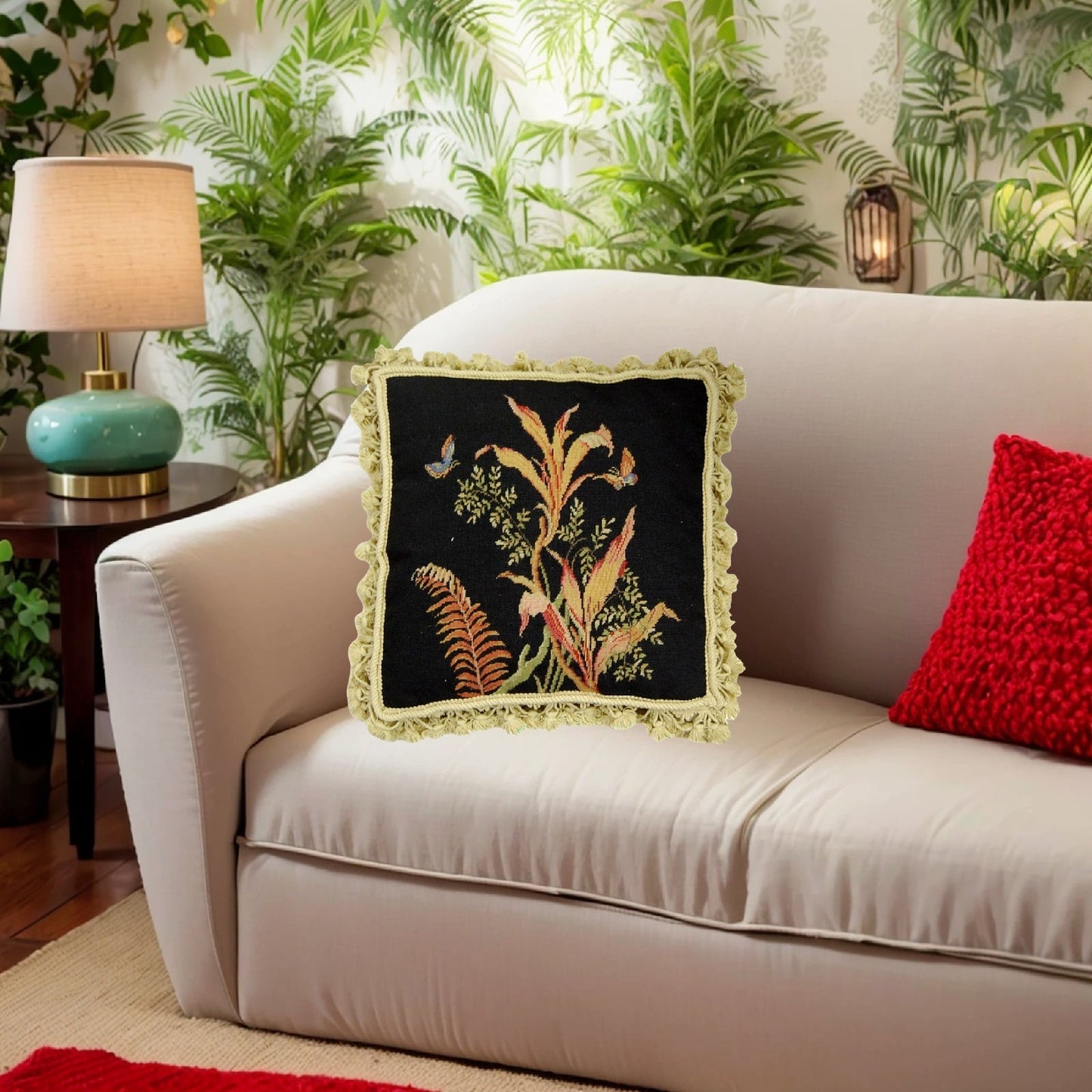 Handmade Wool Needlepoint Pillow Cover - Decorative Throw Cushion Cover - Vintage Floral Embroidery Design  tropical fern 2 blue butterflies black background with tassels