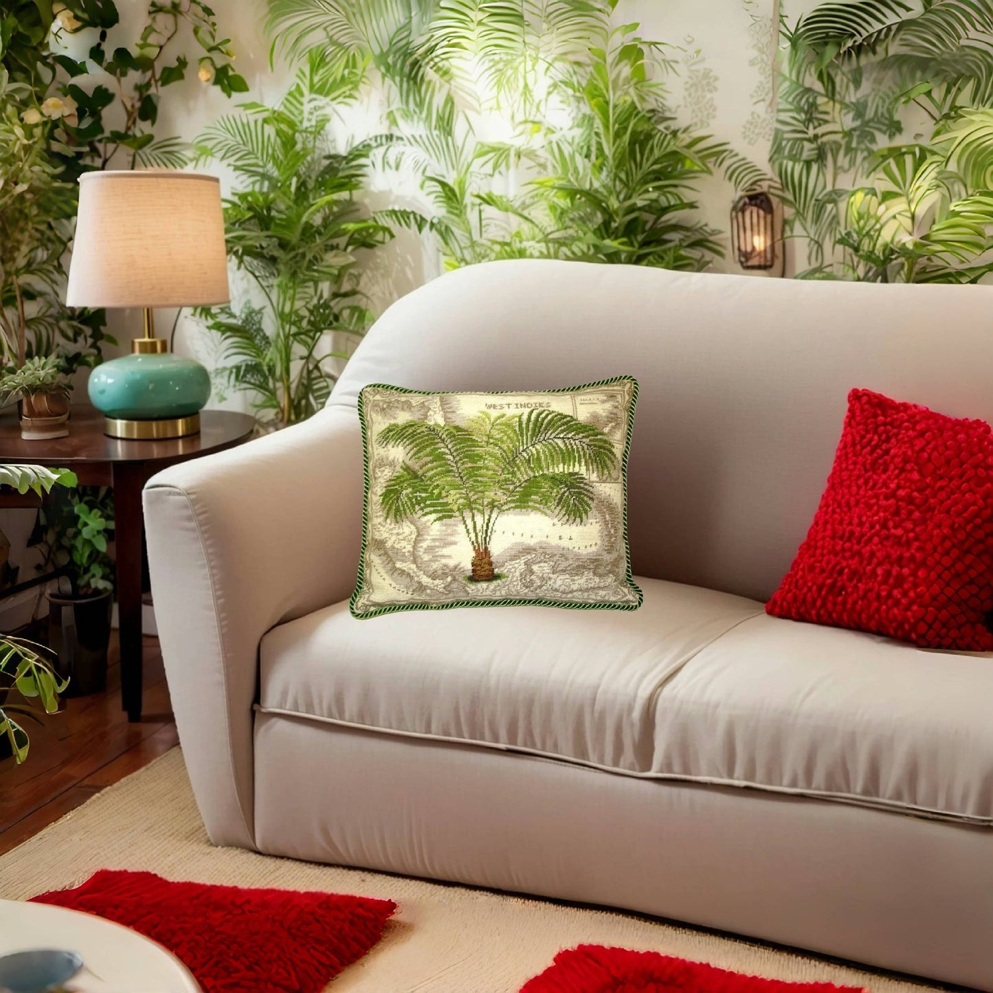 Handmade Wool Needlepoint Pillow Cover - Decorative Throw Cushion Cover - Vintage Floral Embroidery Design West Indies