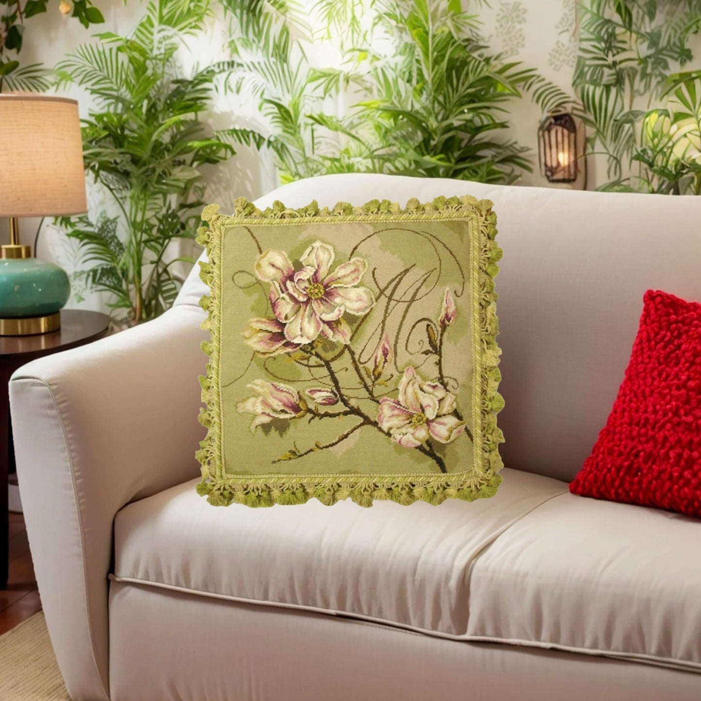 Handmade Wool Needlepoint Pillow Cover - Decorative Throw Cushion Cover - Vintage Floral Embroidery Design  Kathryn White designMagnolia Trumeau with tassel