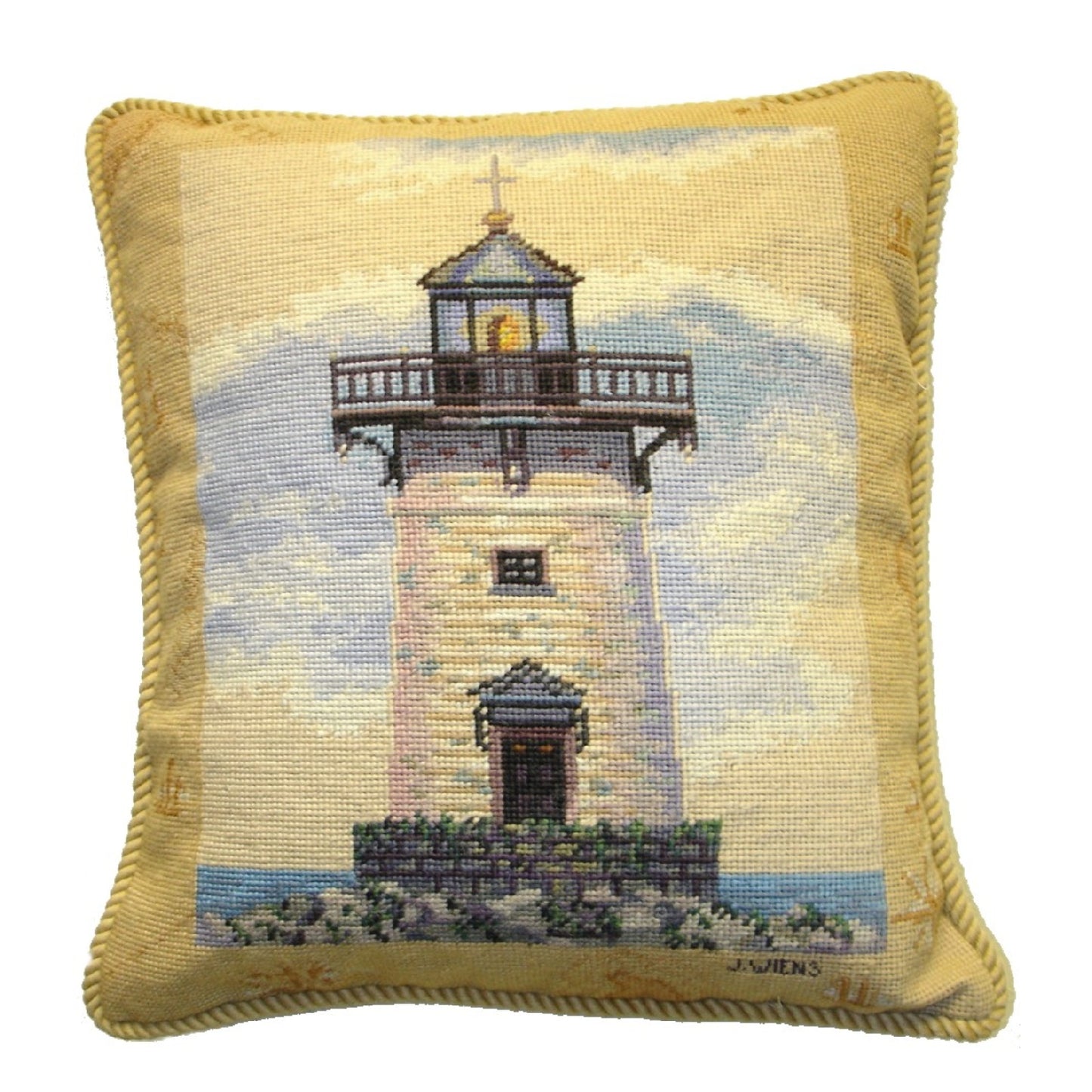 Handmade Wool Needlepoint Pillow Cover - Decorative Throw Cushion Cover - Vintage Floral Embroidery Design James Wienss designMapped Lighthouse I, & with cording