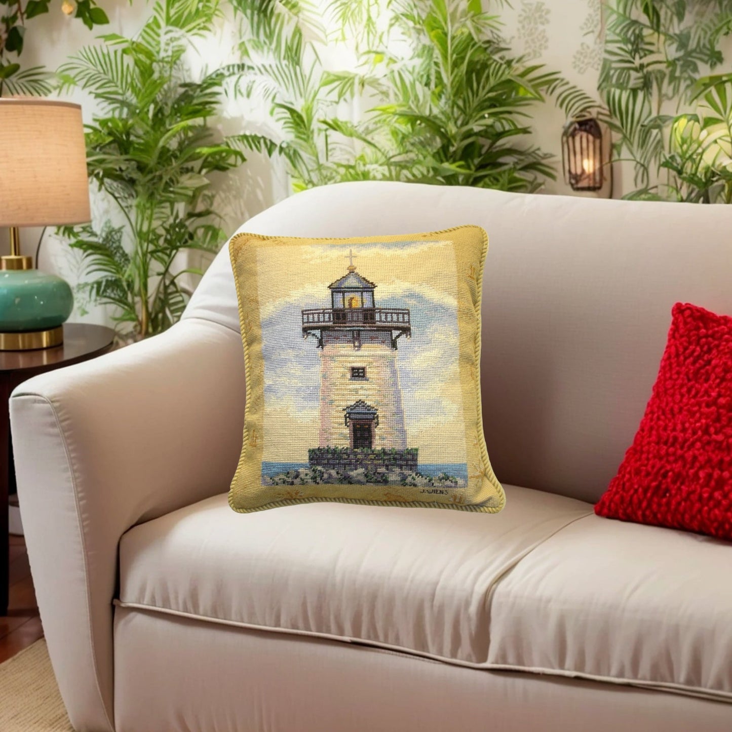 Handmade Wool Needlepoint Pillow Cover - Decorative Throw Cushion Cover - Vintage Floral Embroidery Design James Wienss designMapped Lighthouse I, & with cording
