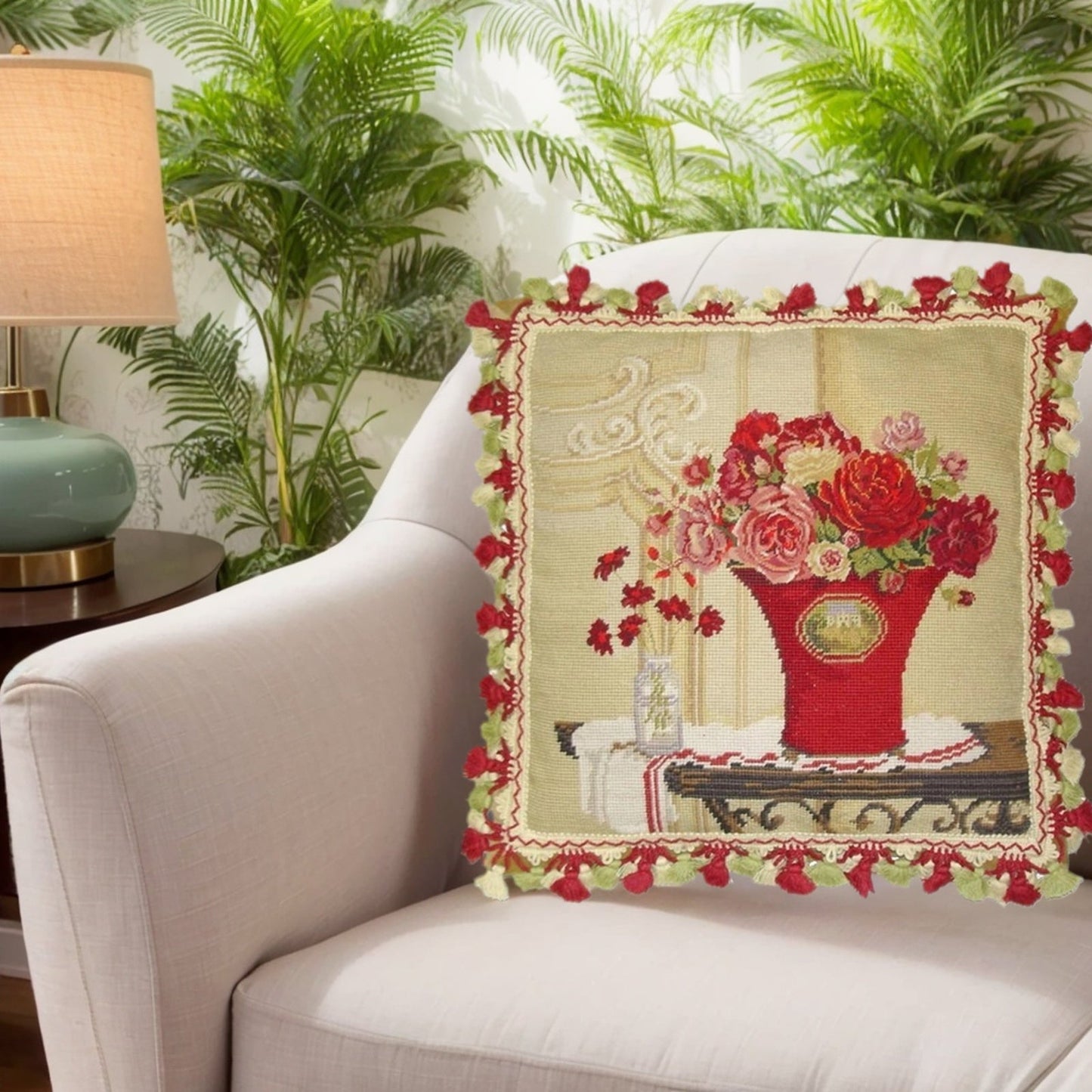 Handmade Wool Needlepoint Pillow Cover - Decorative Throw Cushion Cover - Vintage Floral Embroidery Design  Kathryn White Design b