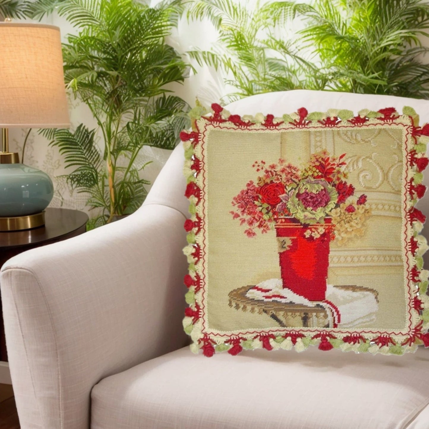 Handmade Wool Needlepoint Pillow Cover - Decorative Throw Cushion Cover - Vintage Floral Embroidery Design  Kathryn White Design c