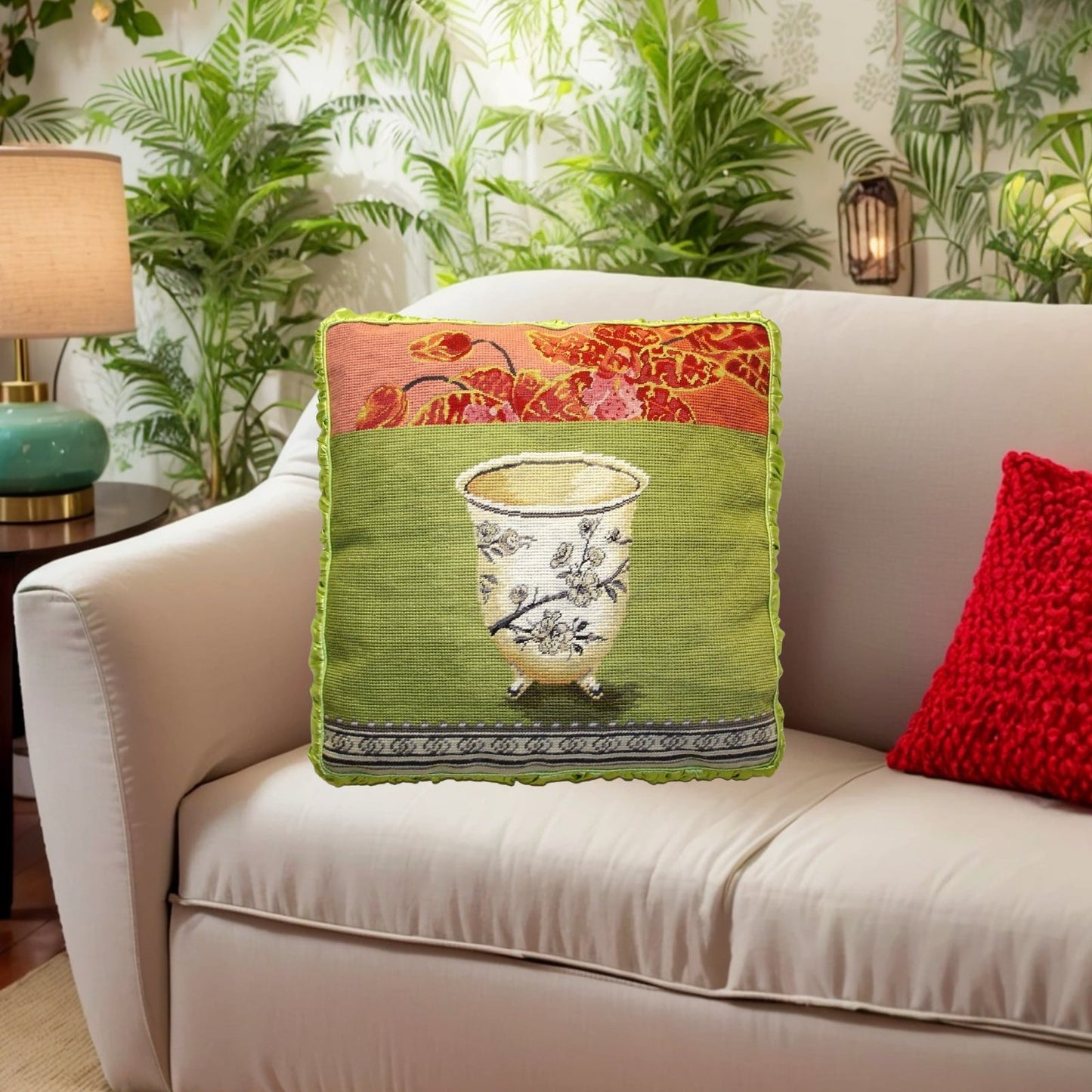 Handmade Wool Needlepoint Pillow Cover - Decorative Throw Cushion Cover - Vintage Floral Embroidery Design  Kathryn White Design M