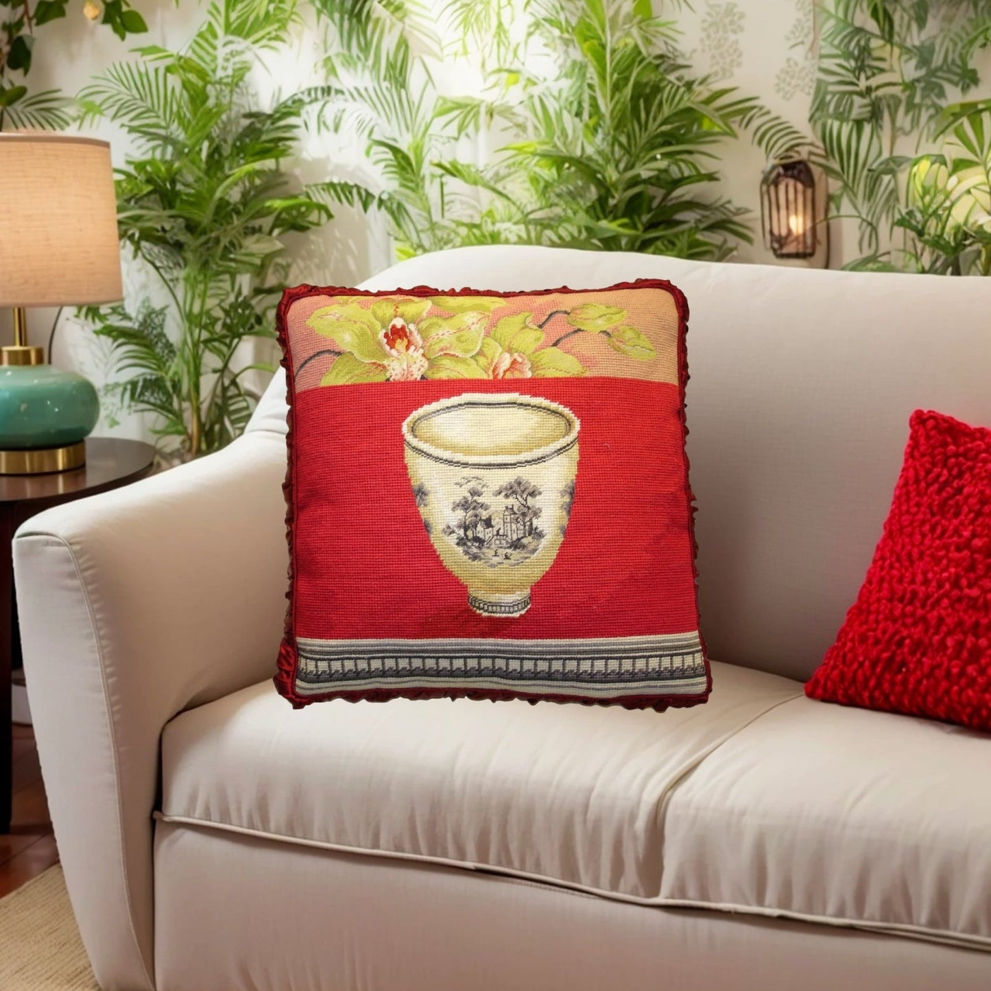 Handmade Wool Needlepoint Pillow Cover - Decorative Throw Cushion Cover - Vintage Floral Embroidery Design  Kathryn White Design O