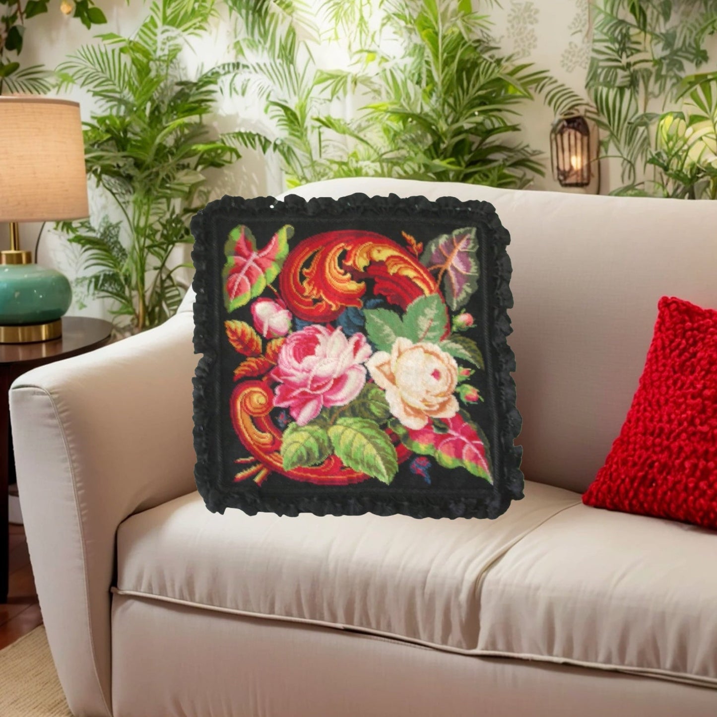 Handmade Wool Needlepoint Pillow Cover - Decorative Throw Cushion Cover - Vintage Floral Embroidery Design floral black background