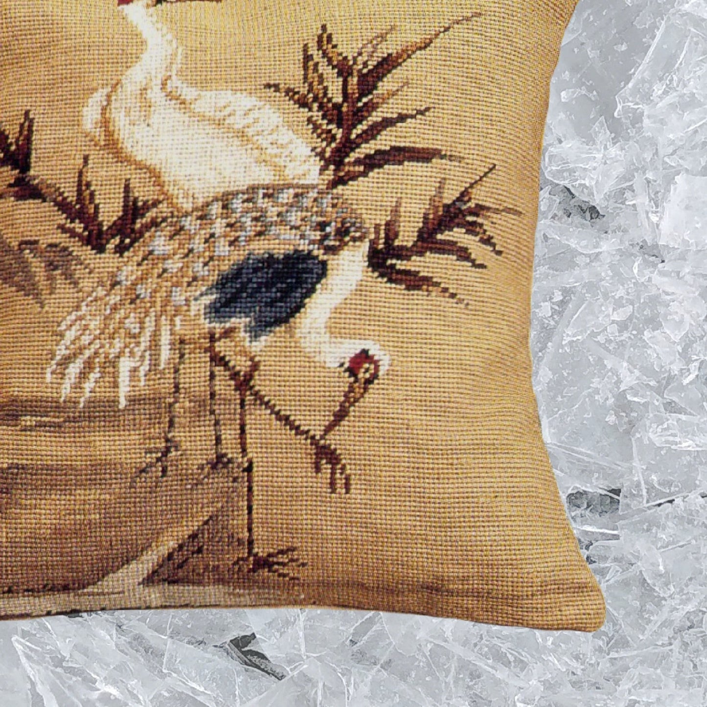 Handmade Wool Needlepoint Pillow Cover - Decorative Throw Cushion Cover - Vintage Floral Embroidery Design  Cranes with green leaves