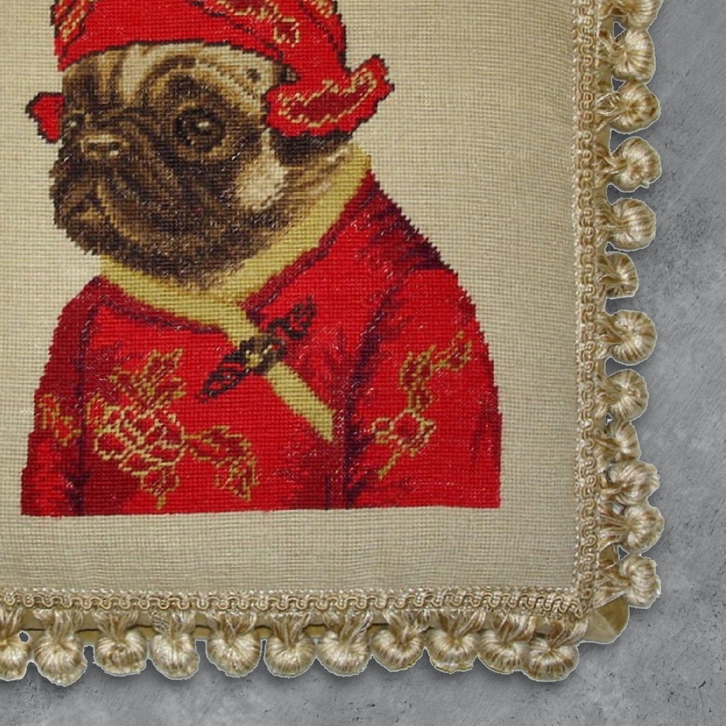 Handmade Wool Needlepoint Pillow Cover - Decorative Throw Cushion Cover - Vintage Floral Embroidery Design  pug boy in red jacket ware hat with 3 color cording