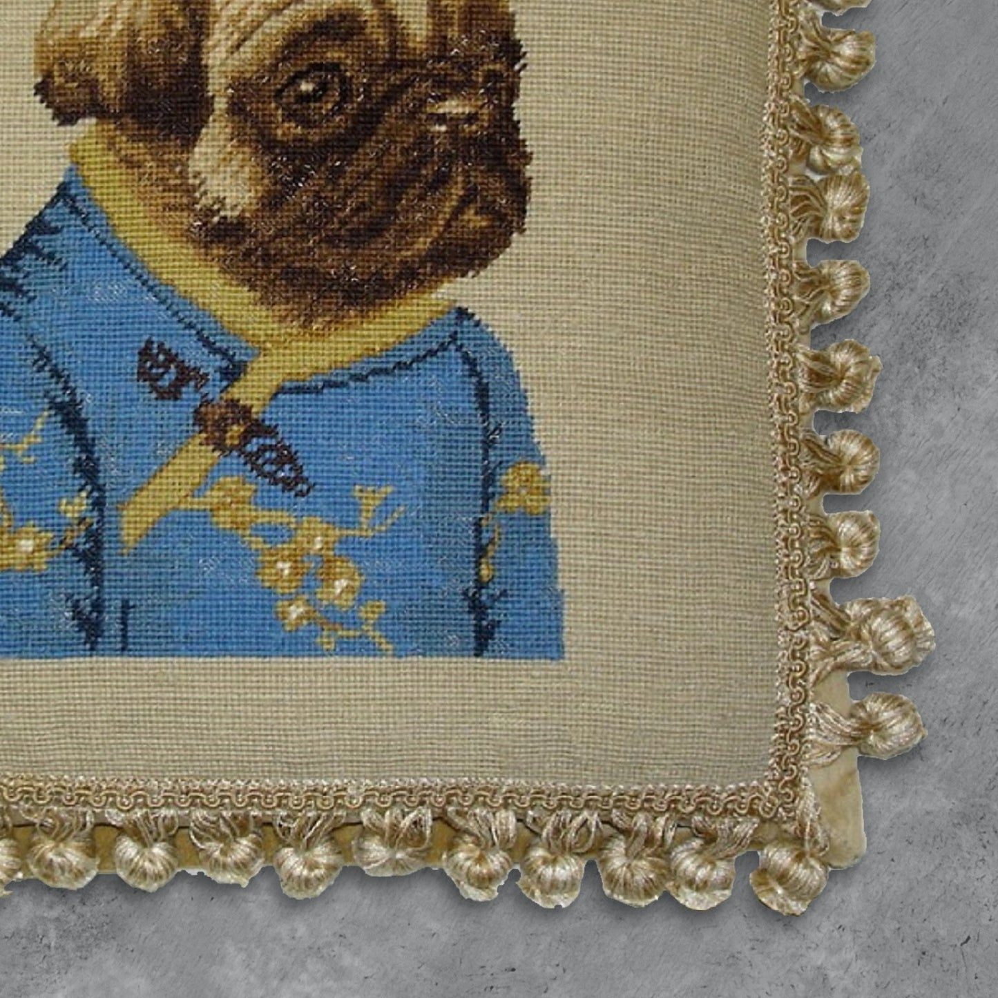 Handmade Wool Needlepoint Pillow Cover - Decorative Throw Cushion Cover - Vintage Floral Embroidery Design  pug girl in blue jacket with 3 color cording