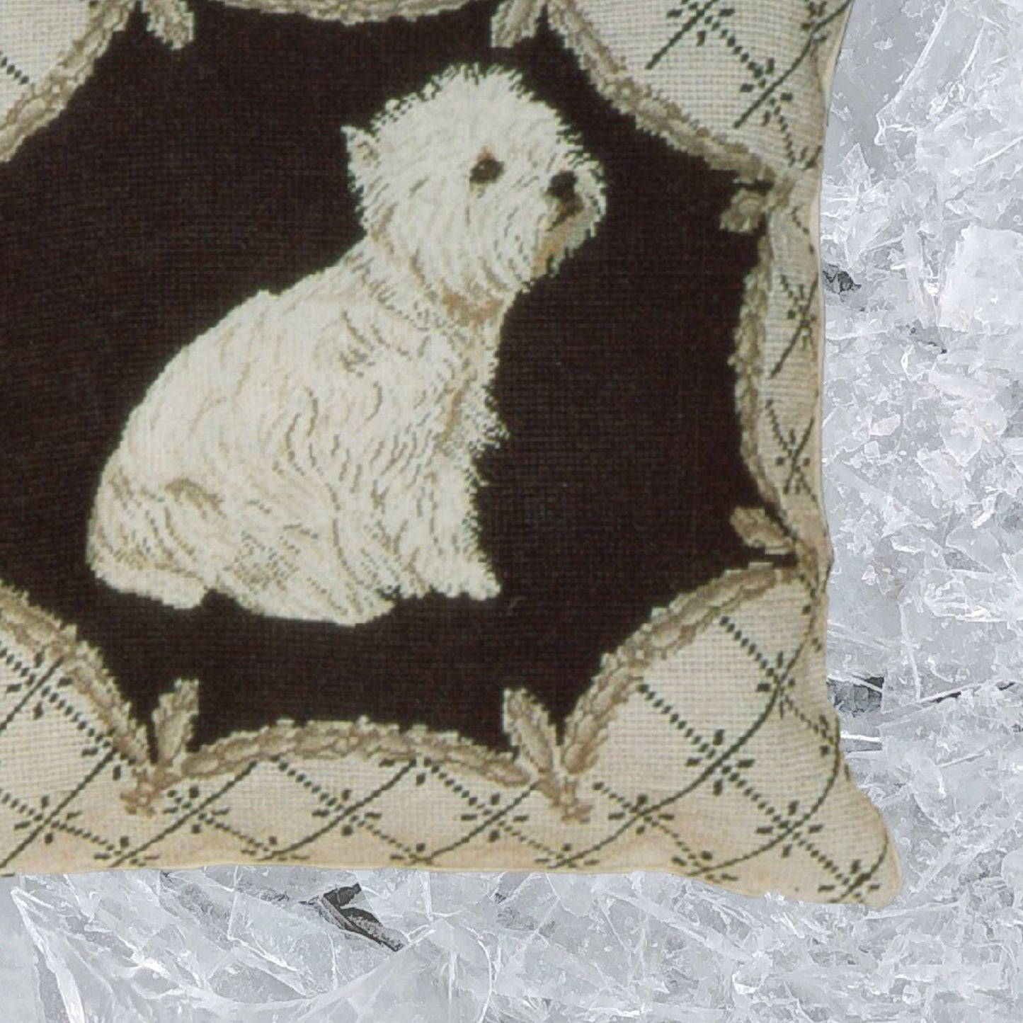 Handmade Wool Needlepoint Pillow Cover - Decorative Throw Cushion Cover - Vintage Floral Embroidery Design  West Highland Terrier in liver gray trimming frame