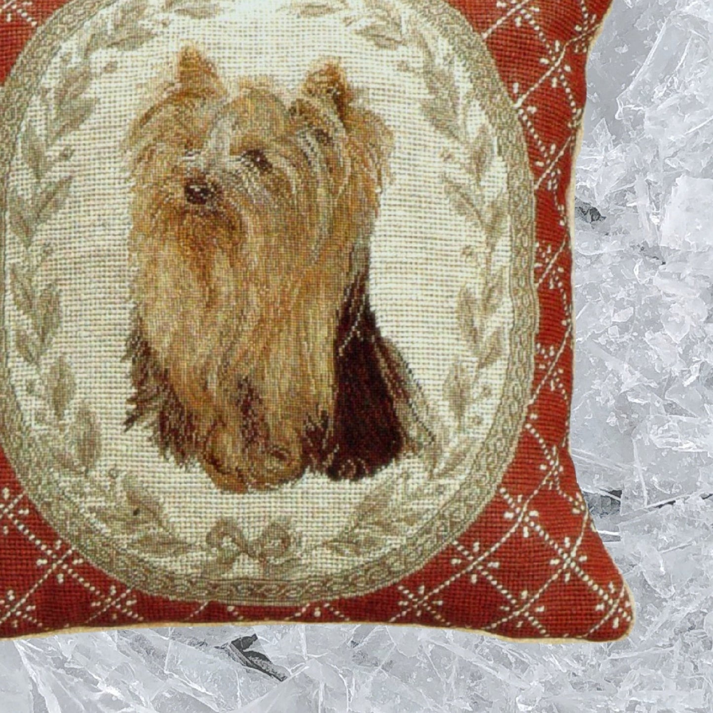 Handmade Wool Needlepoint Pillow Cover - Decorative Throw Cushion Cover - Vintage Floral Embroidery Design  Yorkshire Terrier in red weather frame