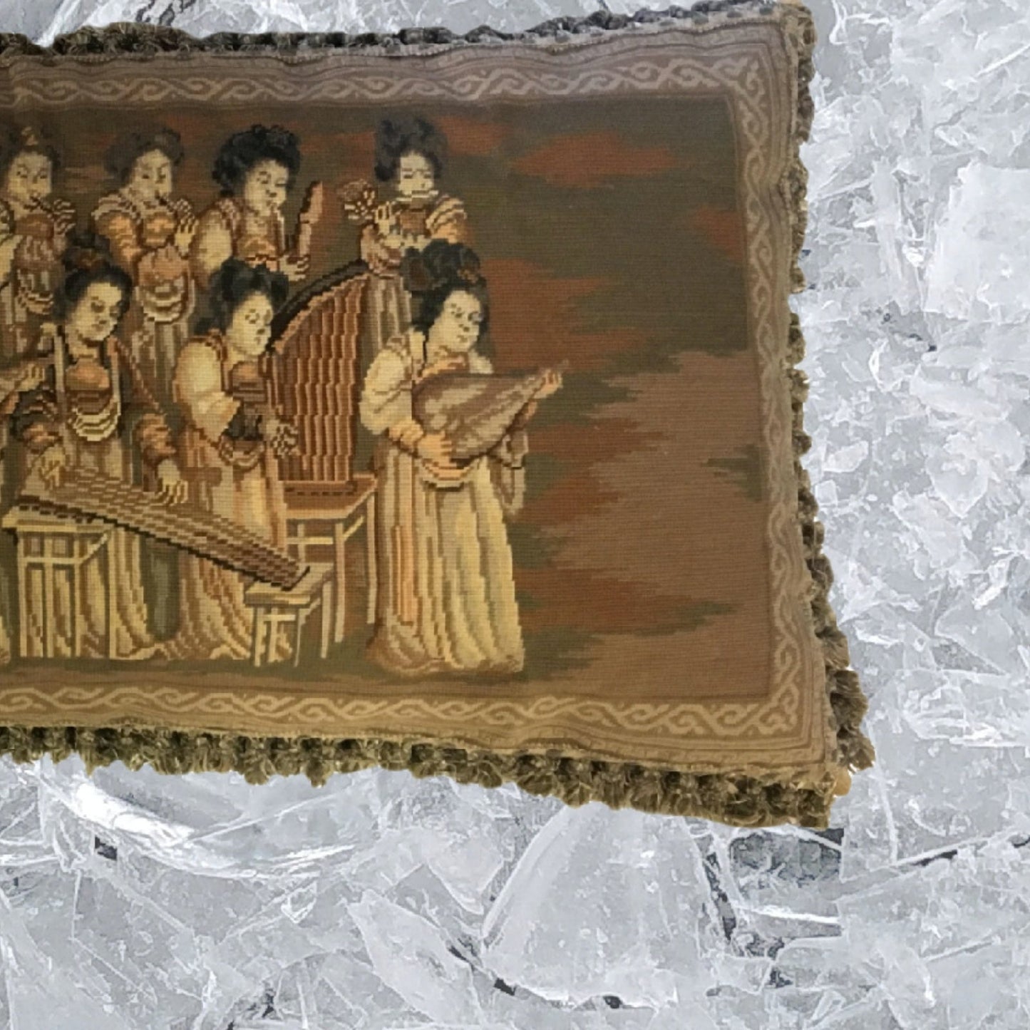 Handmade Wool Needlepoint Pillow Cover - Decorative Throw Cushion Cover - Vintage Floral Embroidery Design musician ladies from China old silk road painting with tassels 1