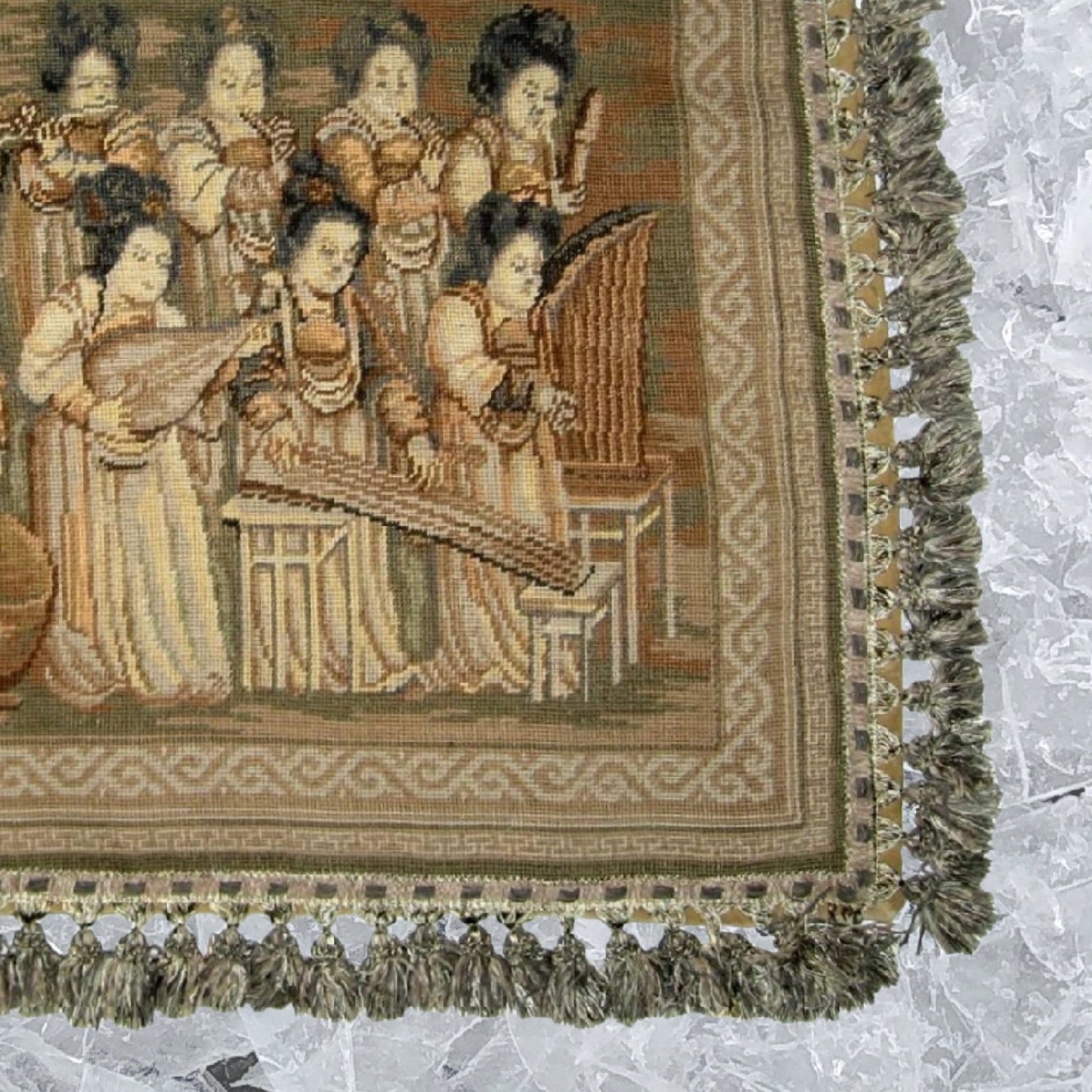 Handmade Wool Needlepoint Pillow Cover - Decorative Throw Cushion Cover - Vintage Floral Embroidery Design musician ladies from China old silk road painting with tassels