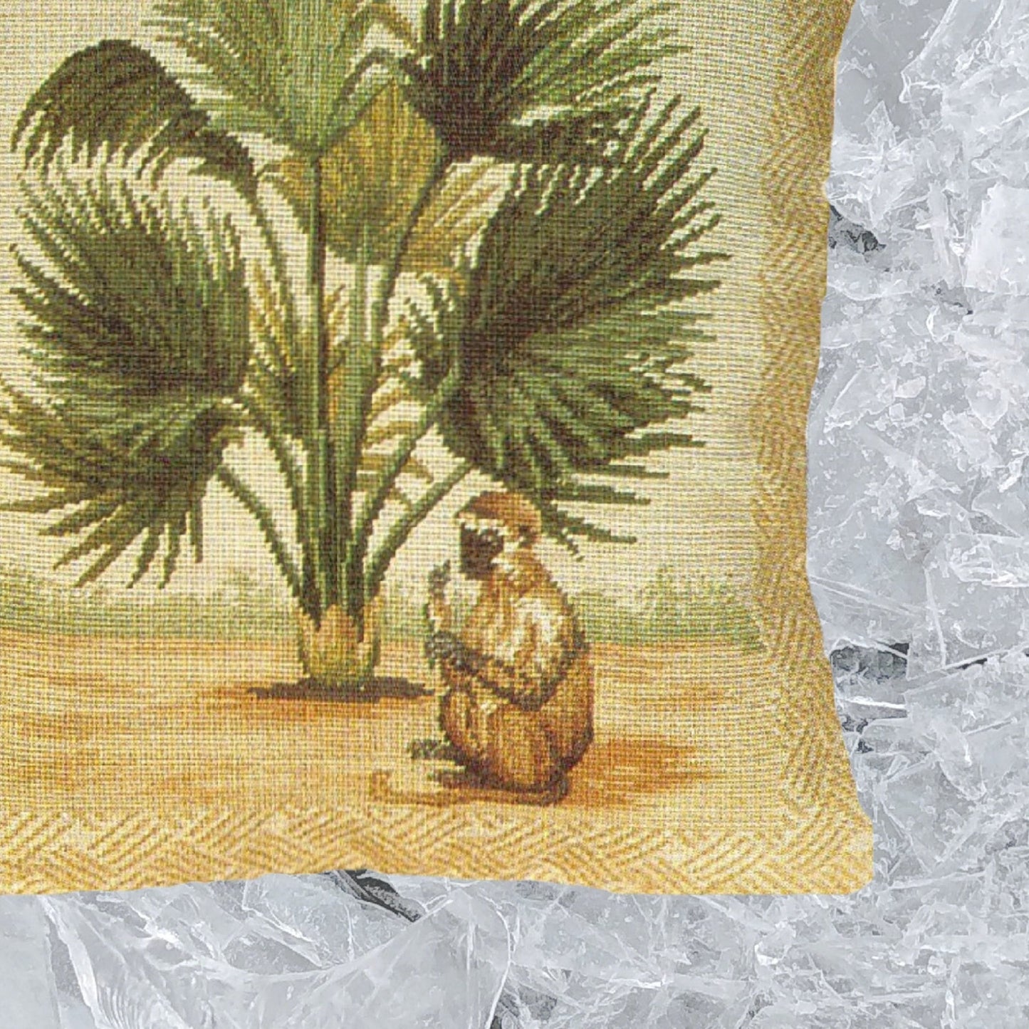 Handmade Wool Needlepoint Pillow Cover - Decorative Throw Cushion Cover - Vintage Floral Embroidery Design 5  long tail monkey & palm tree waved frame