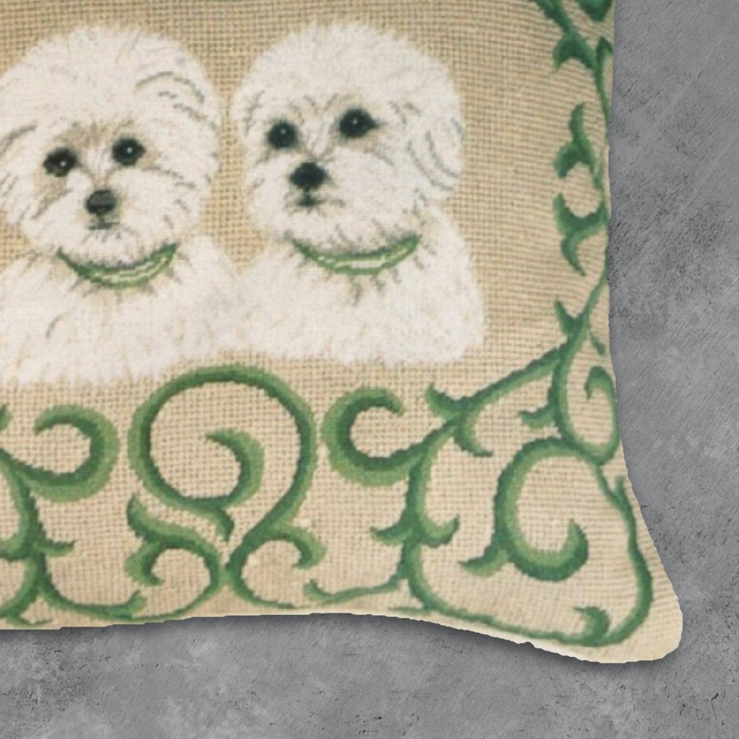 Handmade Wool Needlepoint Pillow Cover - Decorative Throw Cushion Cover - Vintage Floral Embroidery Design  twin Westie in green leave frame