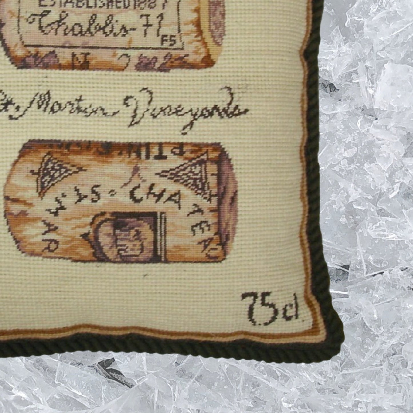 Handmade Wool Needlepoint Pillow Cover - Decorative Throw Cushion Cover - Vintage Floral Embroidery Design corks back Angela Staehling designSt Martin Vineyards with cording