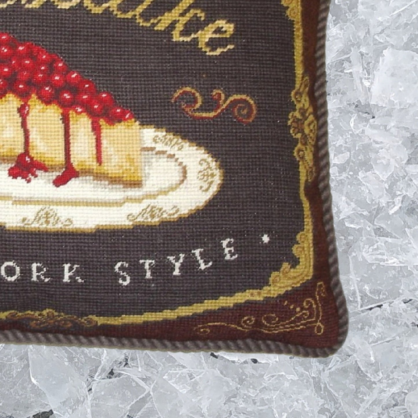 Handmade Wool Needlepoint Pillow Cover - Decorative Throw Cushion Cover - Vintage Floral Embroidery Design  cheesecake with brown cording