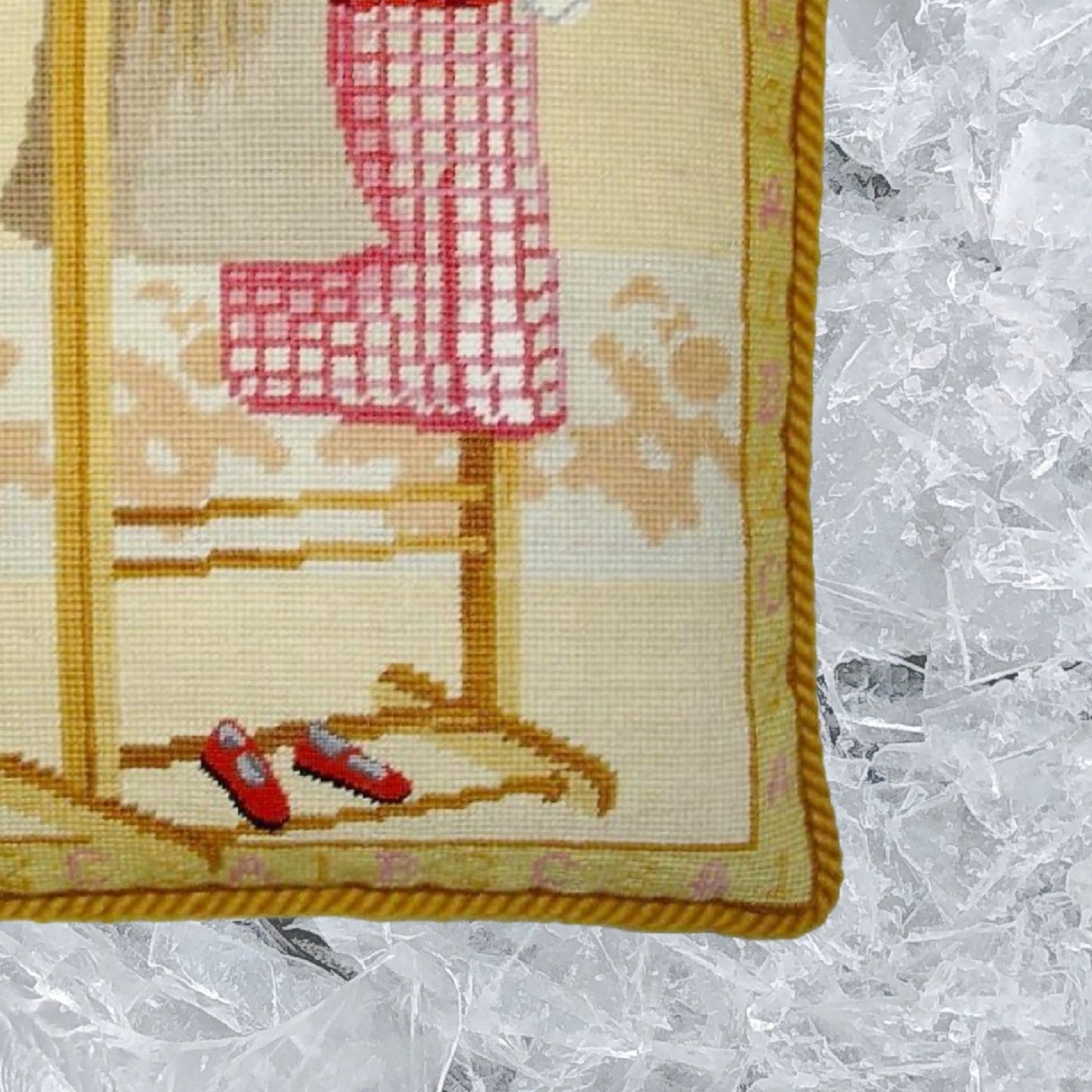 Handmade Wool Needlepoint Pillow Cover - Decorative Throw Cushion Cover - Vintage Floral Embroidery Design pink dress with gold cording