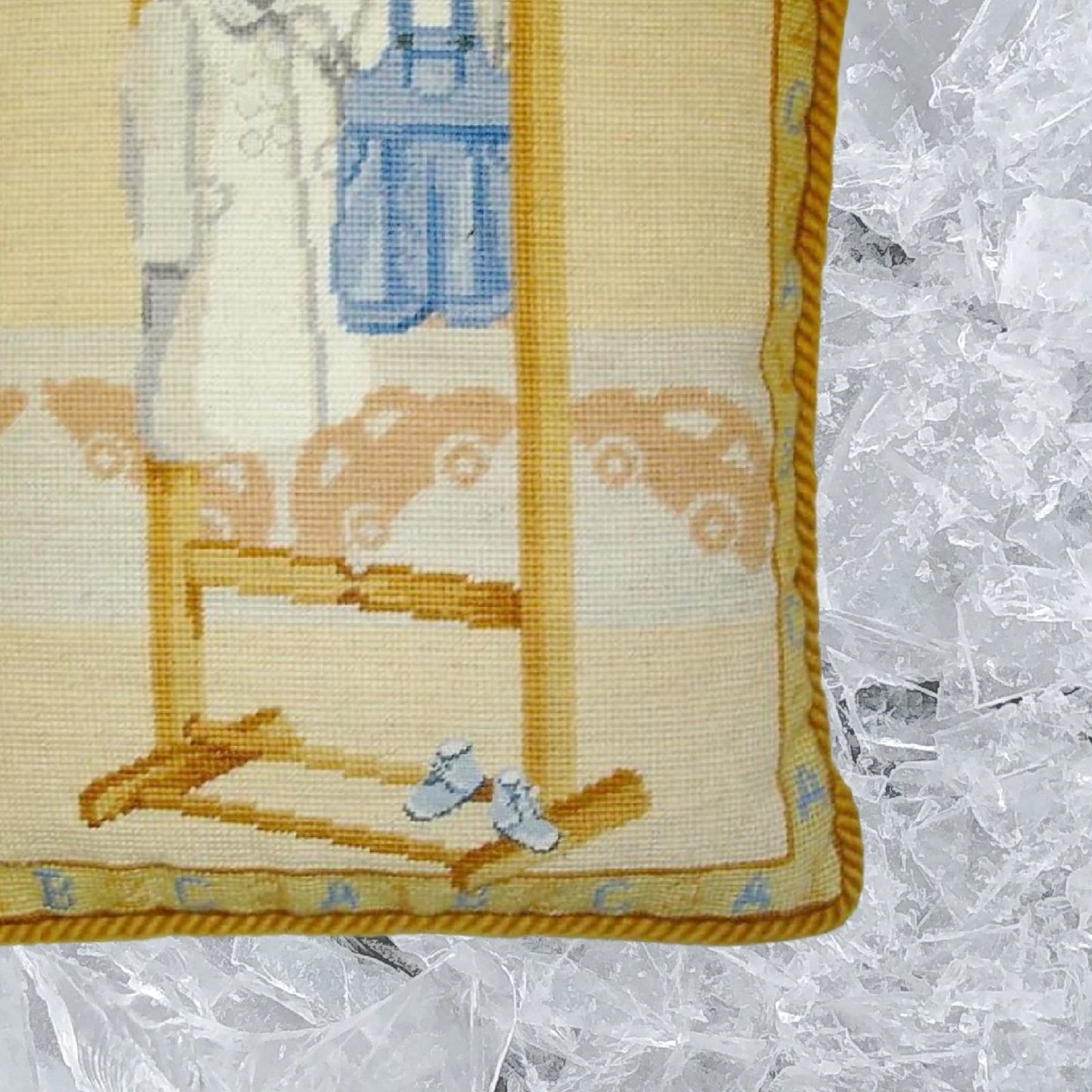 Handmade Wool Needlepoint Pillow Cover - Decorative Throw Cushion Cover - Vintage Floral Embroidery Design blue suit with gold cording