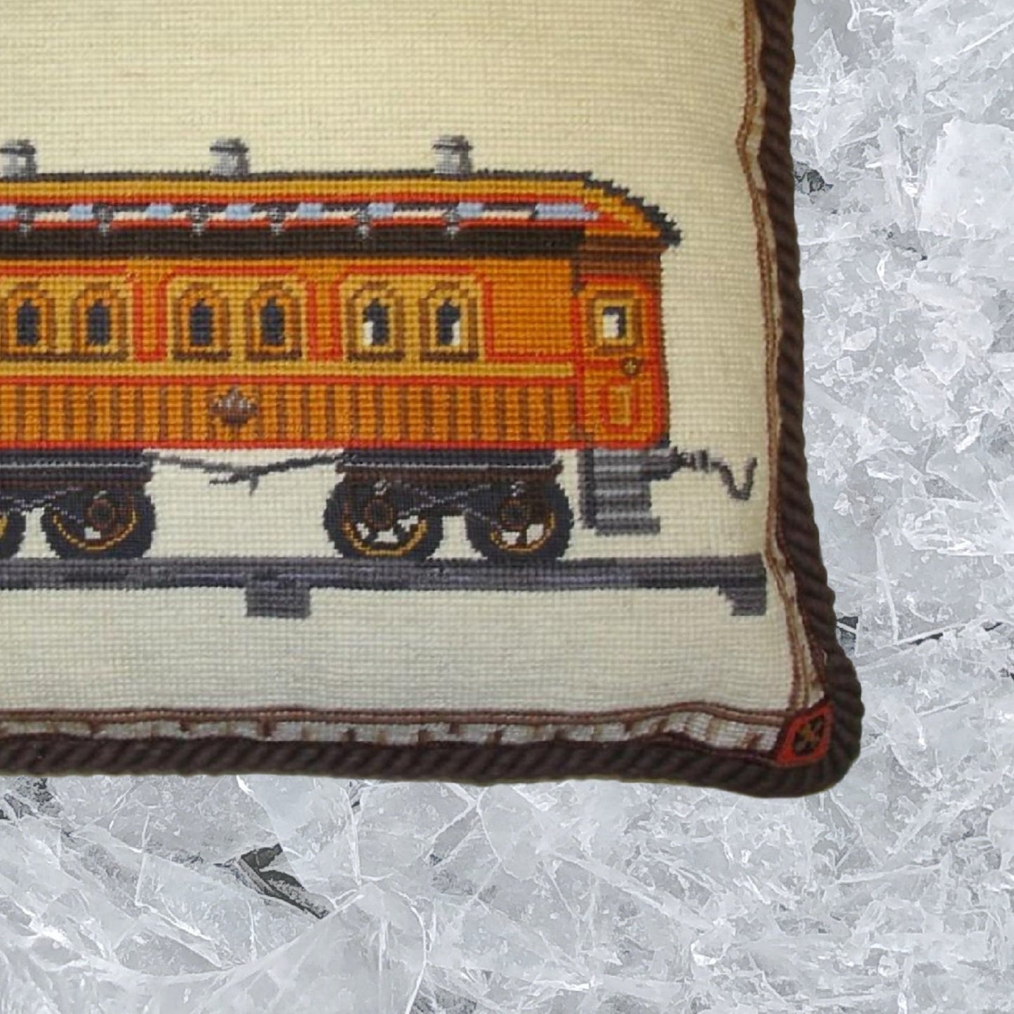 Handmade Wool Needlepoint Pillow Cover - Decorative Throw Cushion Cover - Vintage Floral Embroidery Design  train with brown cording