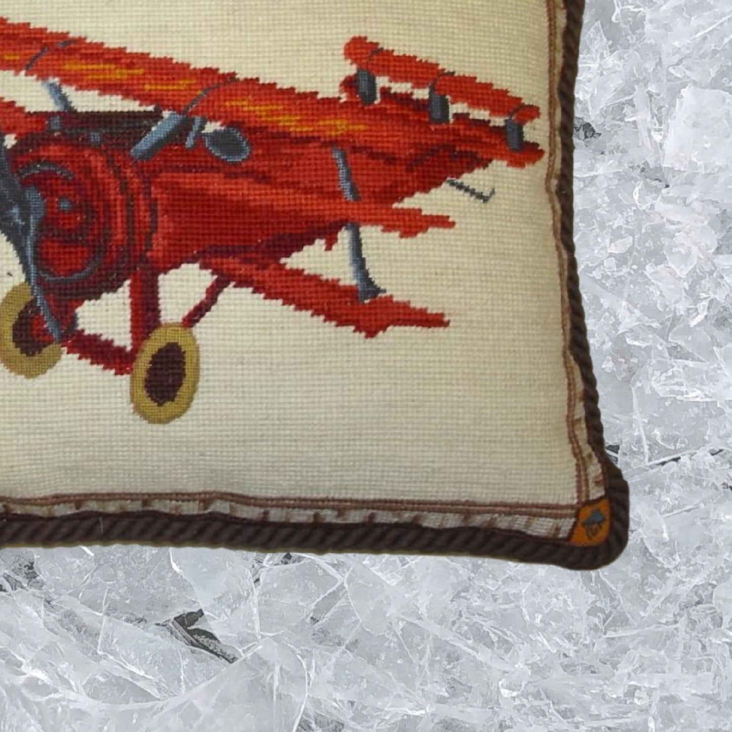 Handmade Wool Needlepoint Pillow Cover - Decorative Throw Cushion Cover - Vintage Floral Embroidery Design  plane with brown cording