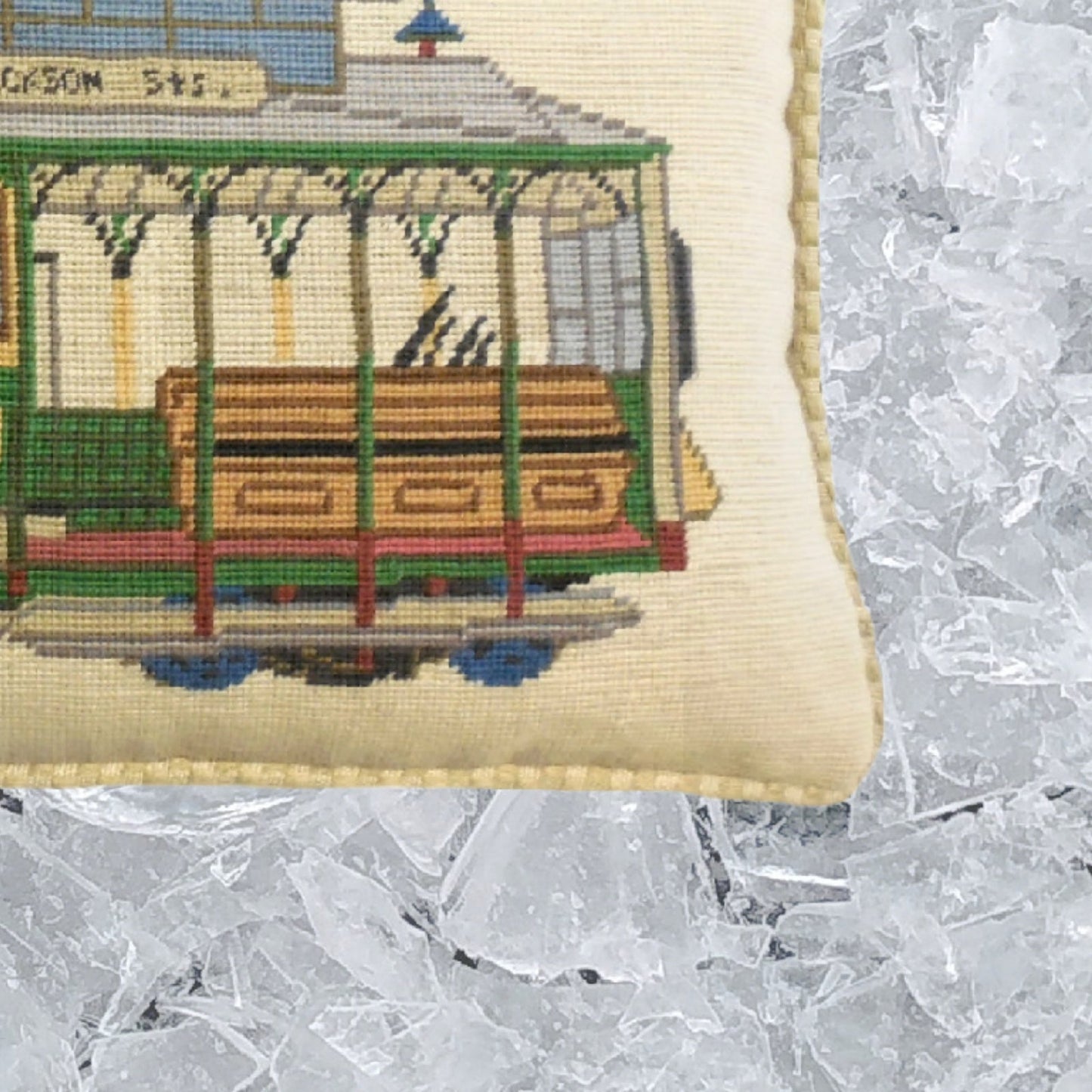 Handmade Wool Needlepoint Pillow Cover - Decorative Throw Cushion Cover - Vintage Floral Embroidery Design  SF cable car Washington-Jackson St checker cording
