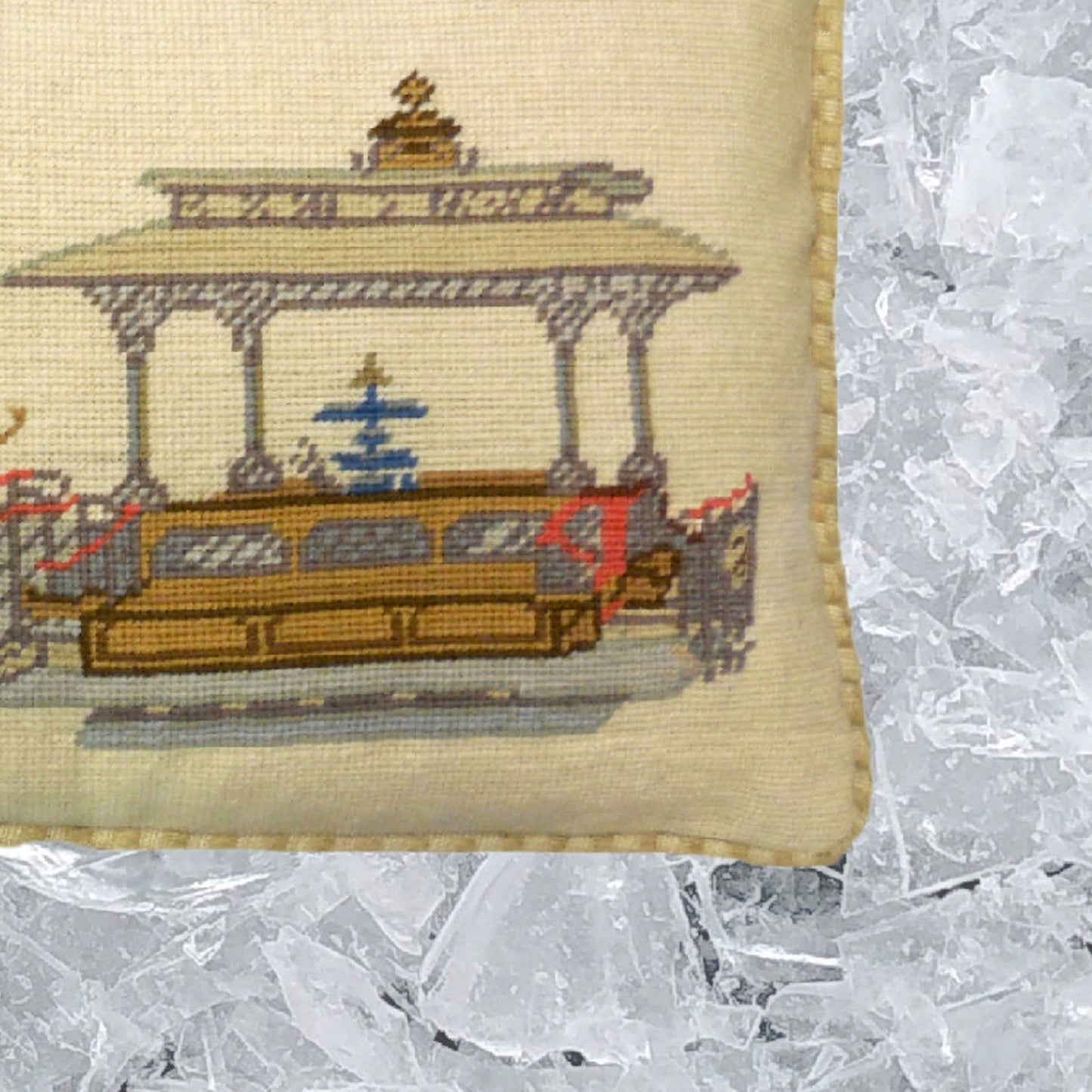 Handmade Wool Needlepoint Pillow Cover - Decorative Throw Cushion Cover - Vintage Floral Embroidery Design  SF cable car Presidio- Ferries checker cording