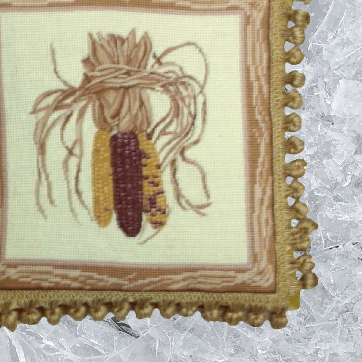 Handmade Wool Needlepoint Pillow Cover - Decorative Throw Cushion Cover - Vintage Floral Embroidery Design 3 color corns with tassel