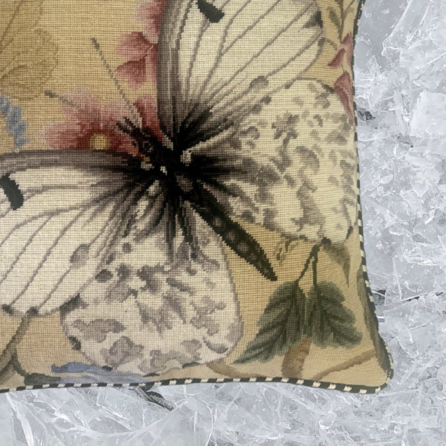 Handmade Wool Needlepoint Pillow Cover - Decorative Throw Cushion Cover - Vintage Floral Embroidery Design  butterfly w/b soft dots pink flower with cording