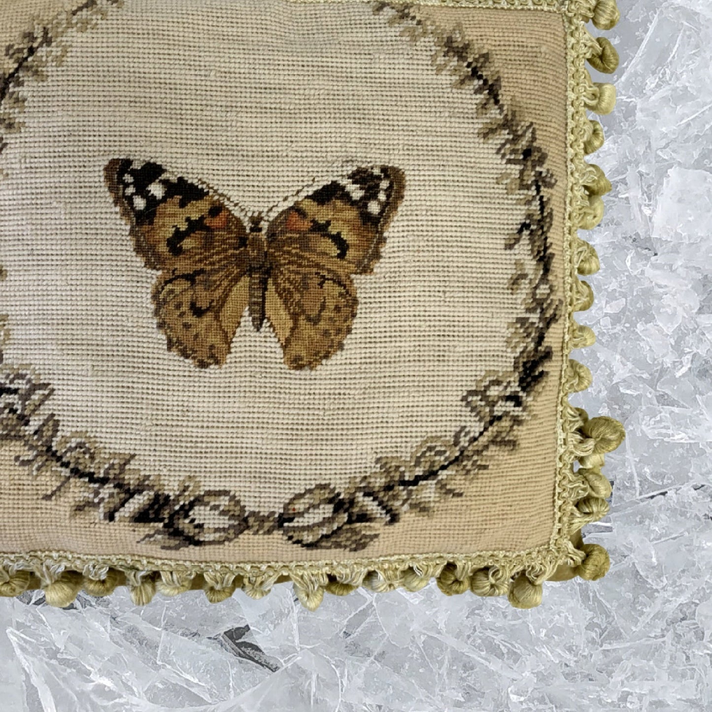 Handmade Wool Needlepoint Pillow Cover - Decorative Throw Cushion Cover - Vintage Floral Embroidery Design brown butterfly with 2 color tassel