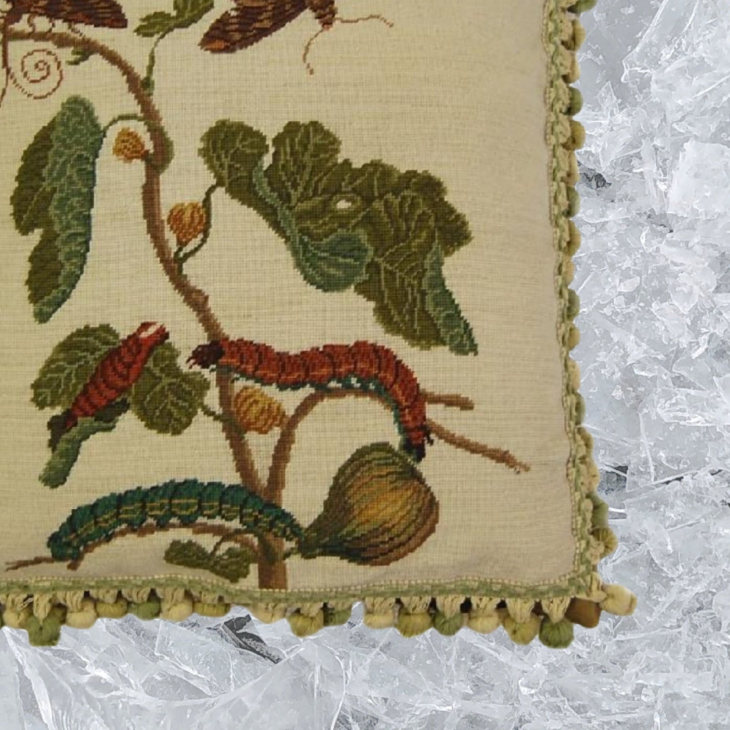 Handmade Wool Needlepoint Pillow Cover - Decorative Throw Cushion Cover - Vintage Floral Embroidery Design  background, green/brown caterpillars with 3 color tassels