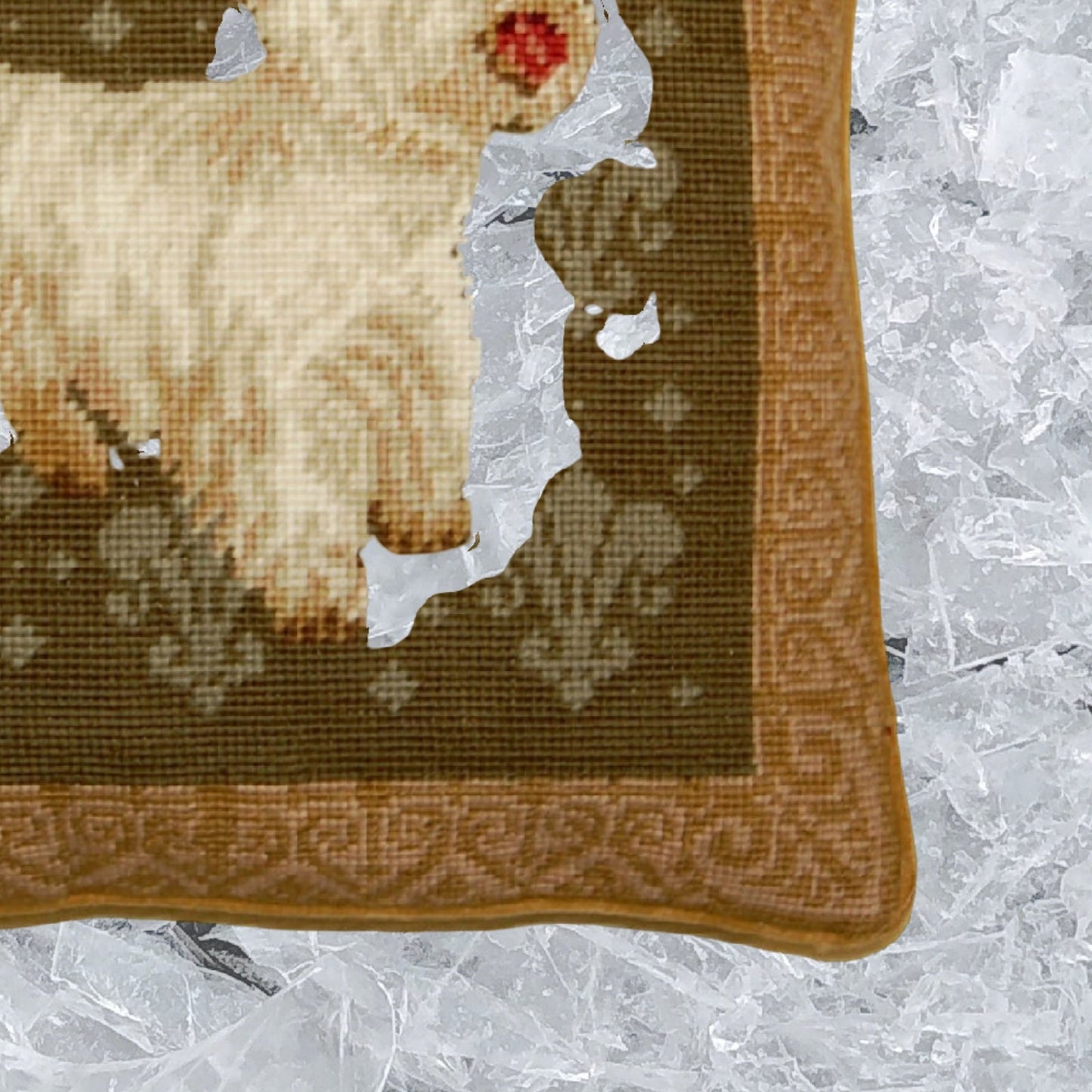 Handmade Wool Needlepoint Pillow Cover - Decorative Throw Cushion Cover - Vintage Floral Embroidery Design on Westies eyes & nose rest grosspoint