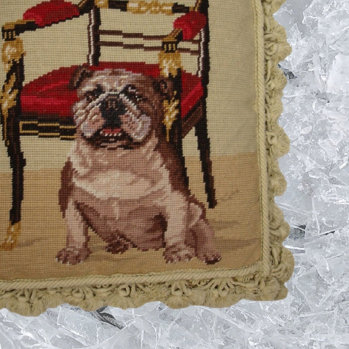 Handmade Wool Needlepoint Pillow Cover - Decorative Throw Cushion Cover - Vintage Floral Embroidery Design bull dog