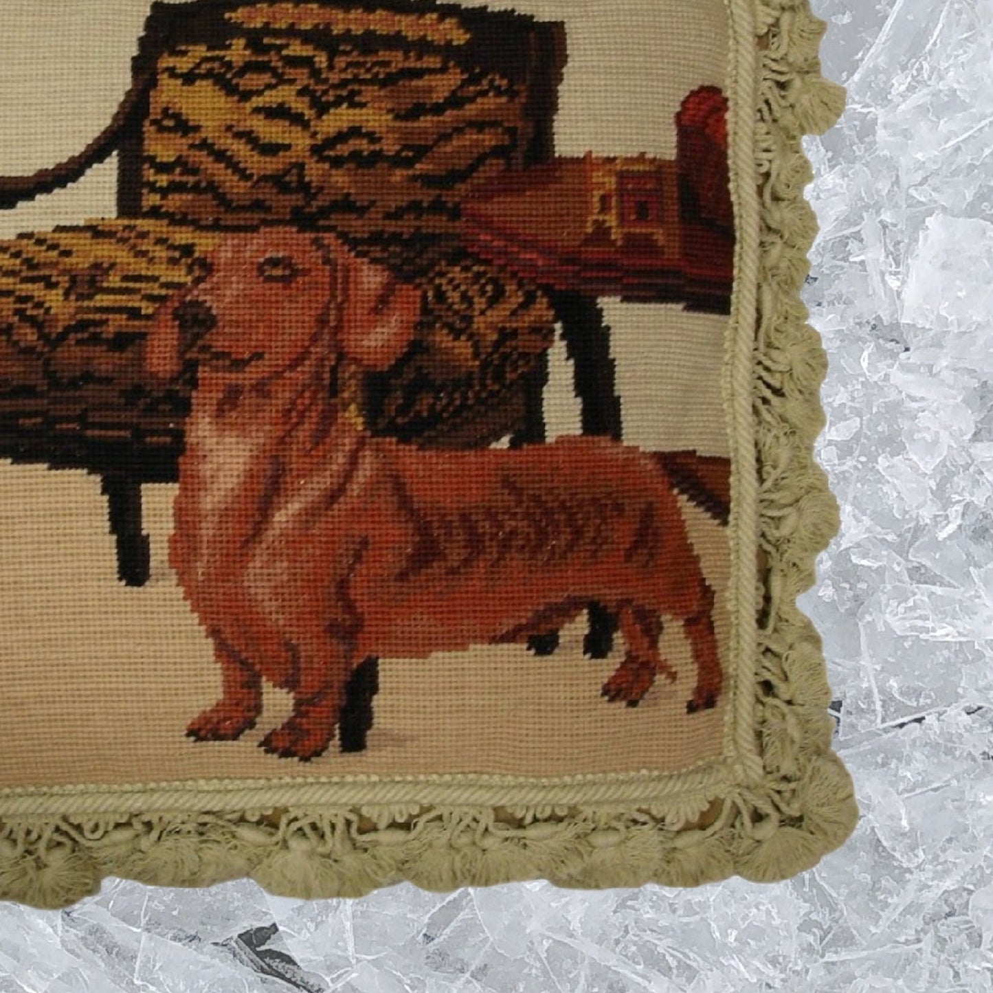 Handmade Wool Needlepoint Pillow Cover - Decorative Throw Cushion Cover - Vintage Floral Embroidery Design Dachshund