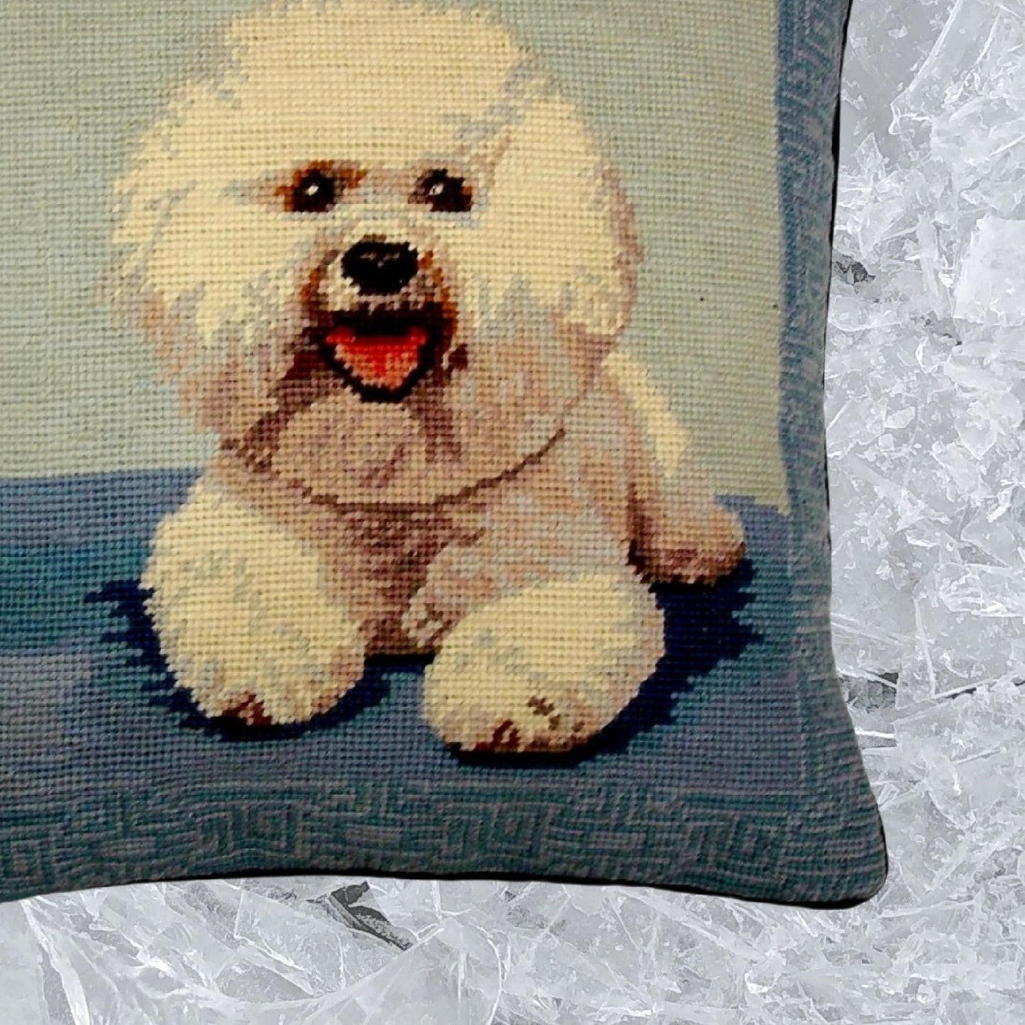 Handmade Wool Needlepoint Pillow Cover - Decorative Throw Cushion Cover - Vintage Floral Embroidery Design Bichon Frise in blue background